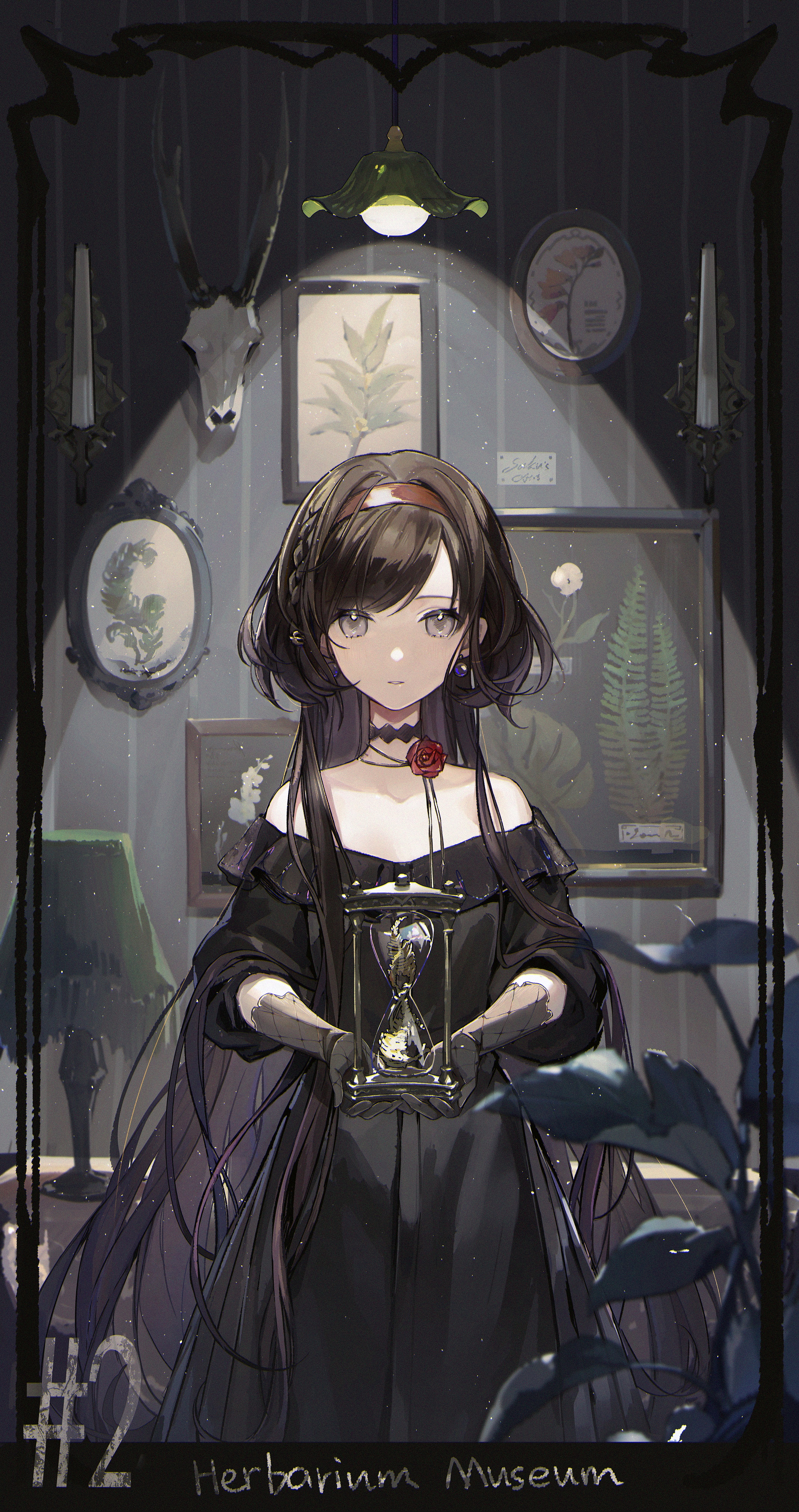 Anime girl in black dress holding hourglass in museum HD Phone Wallpaper
