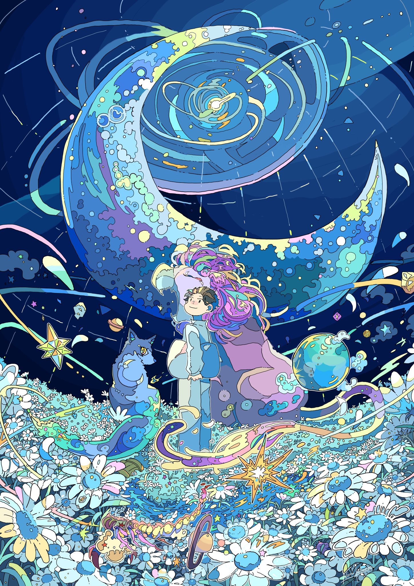 Anime couple and wolf under a crescent moon HD Phone Wallpaper