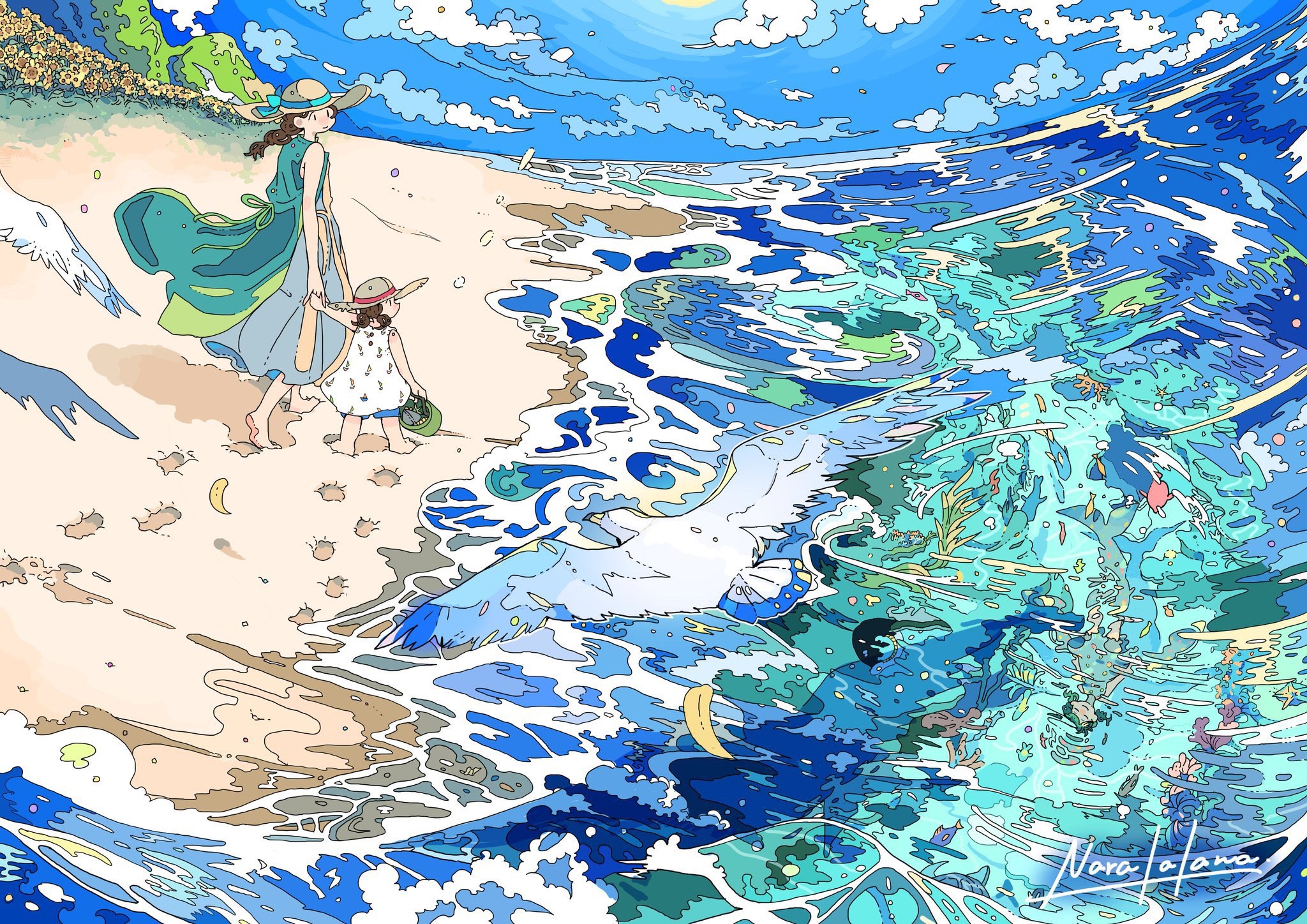 Mother and daughter walk on a beach with seagulls HD Wallpaper