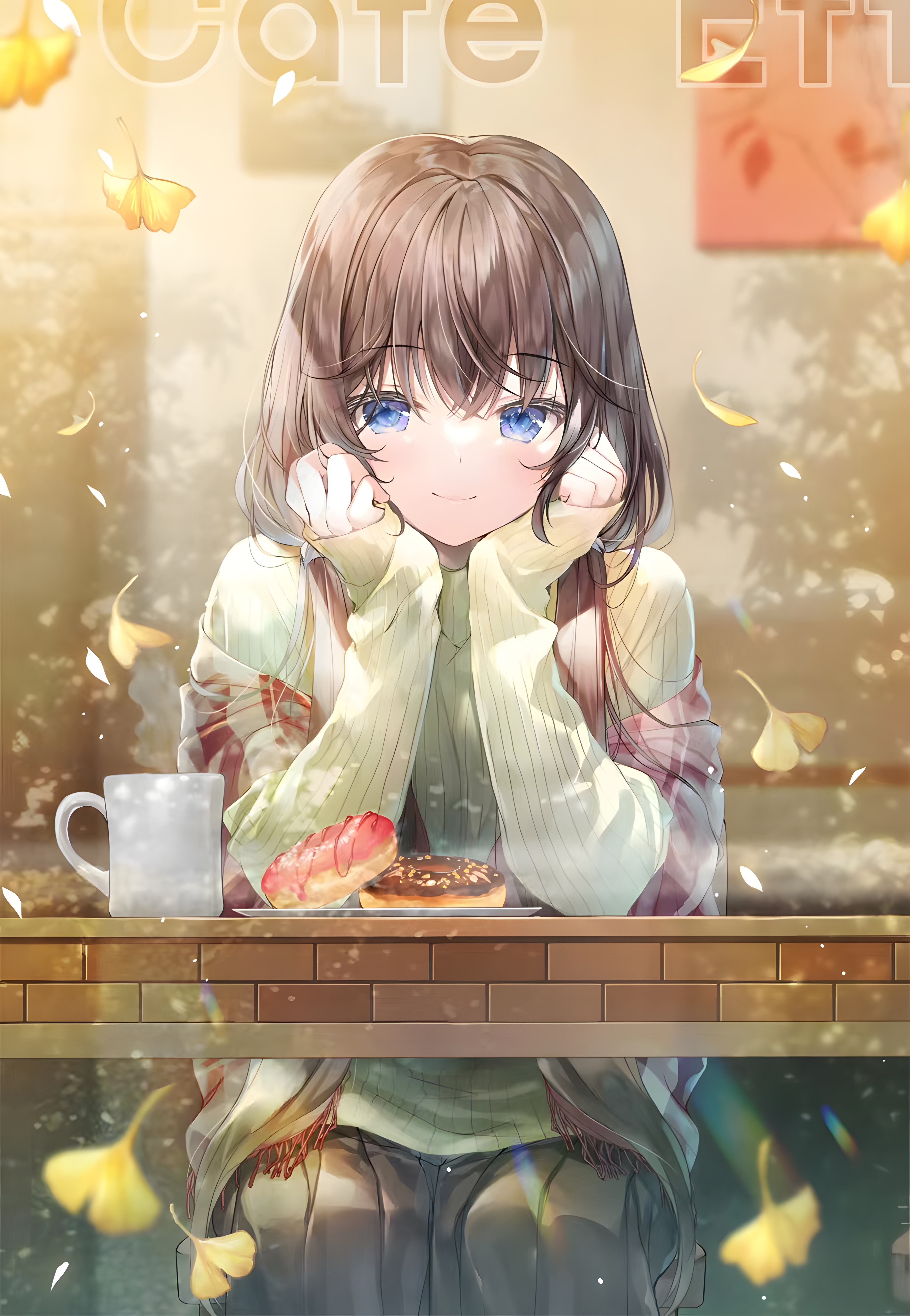 Anime girl with blue eyes and donuts at a cafe HD Phone Wallpaper