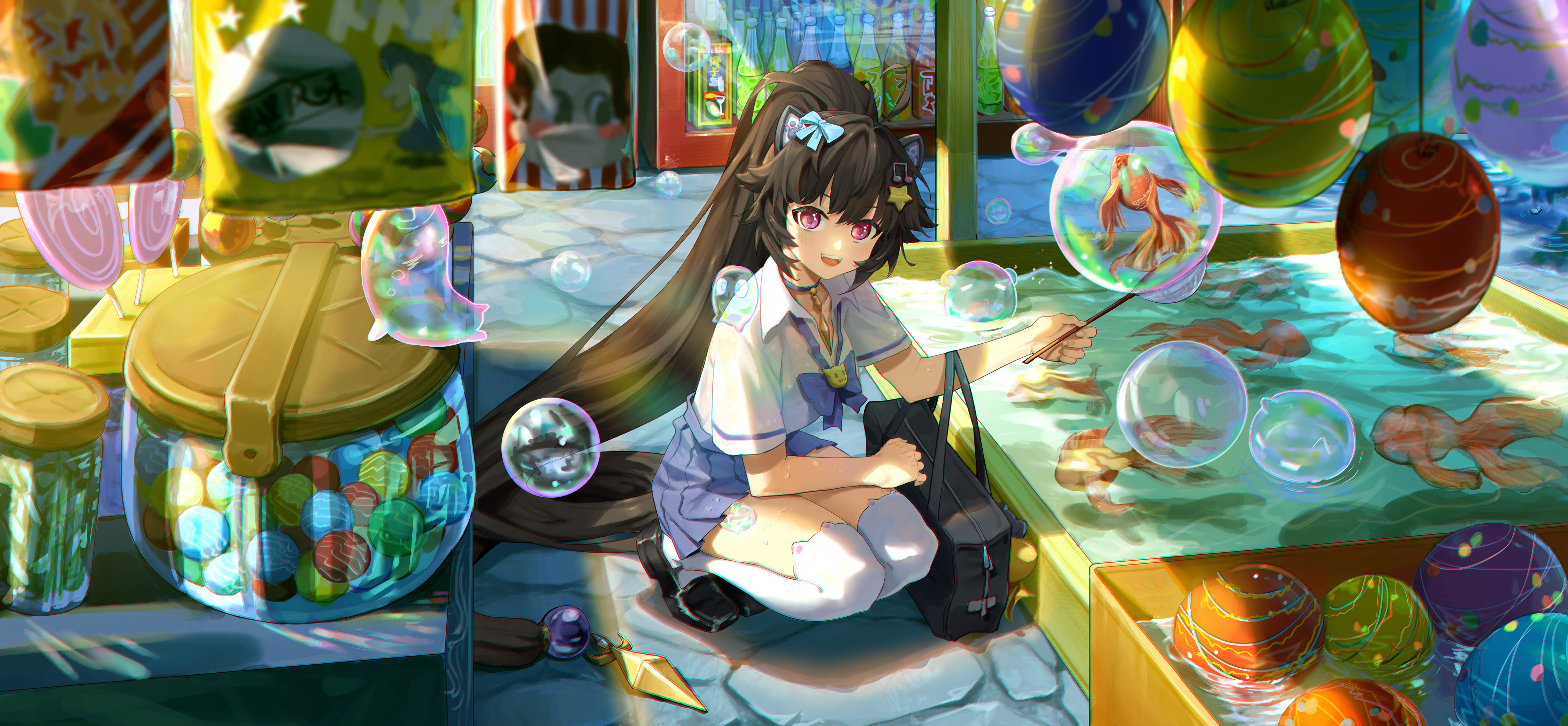 4K Schoolgirl Playing Goldfish Scooping Game HD Wallpaper
