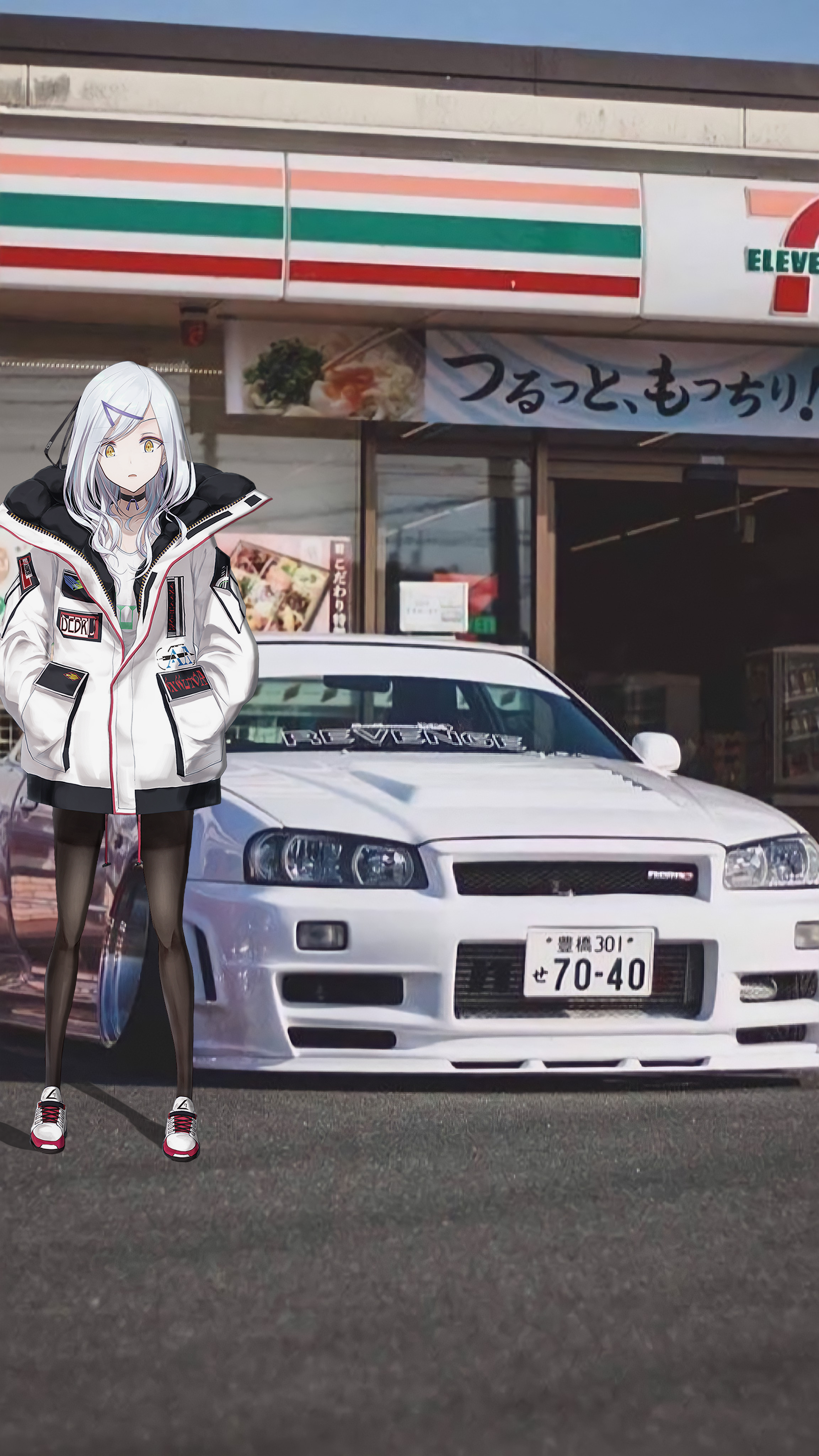 Anime girl and Nissan Skyline R34 in front of 7-Eleven HD Phone Wallpaper