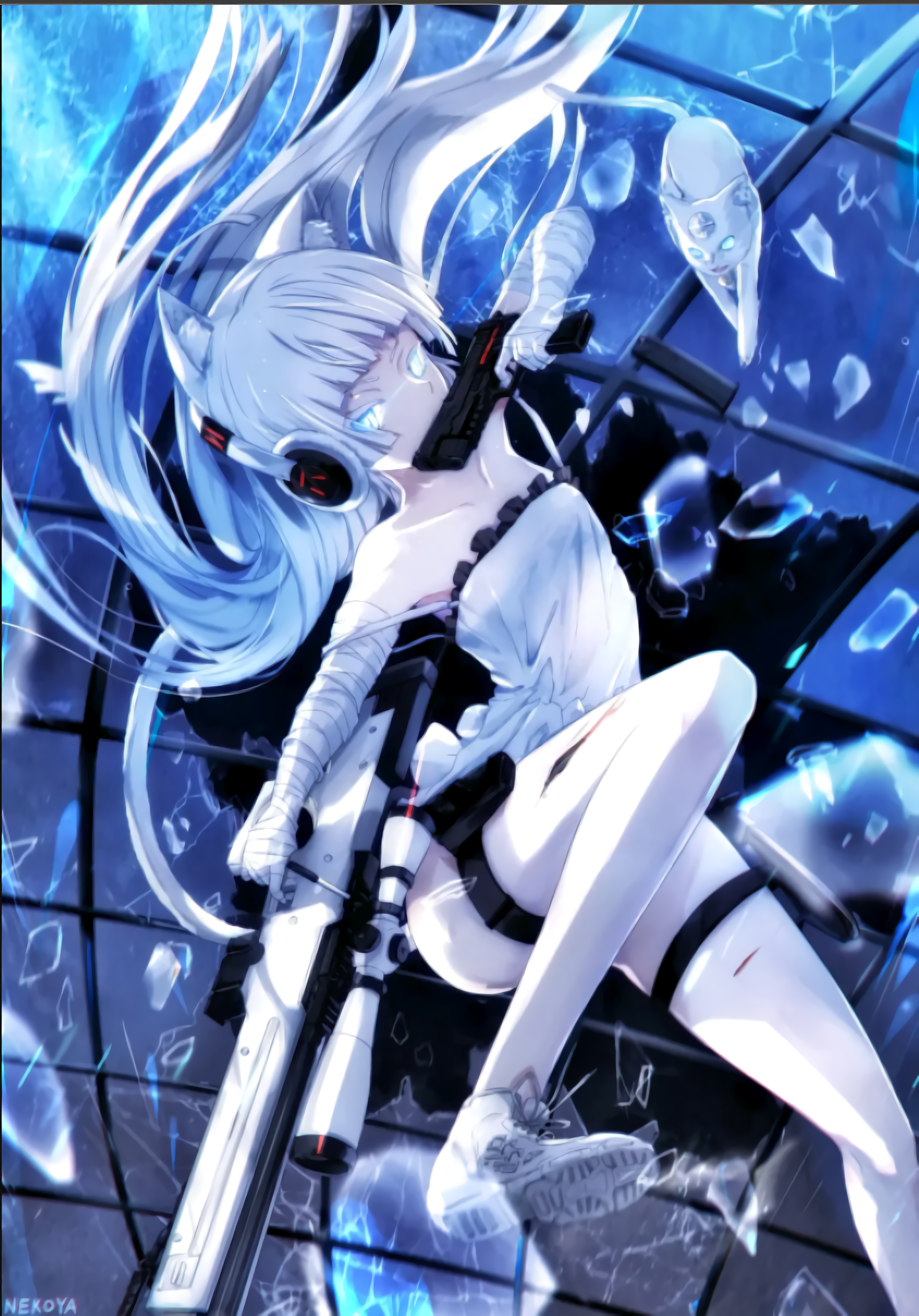 Cat girl with headphones and sniper rifle HD Phone Wallpaper