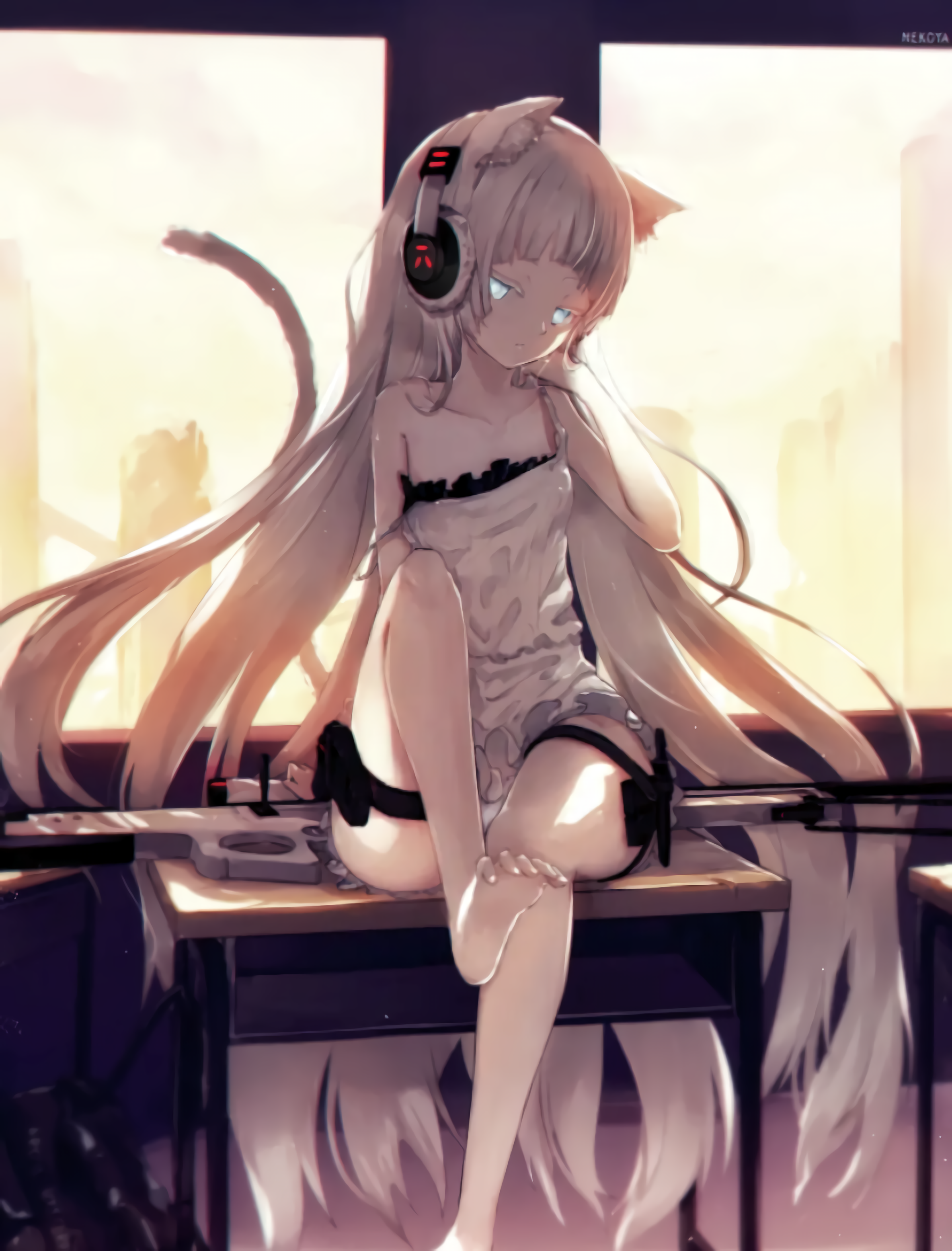 Cat girl with headphones and gun on desk HD Phone Wallpaper