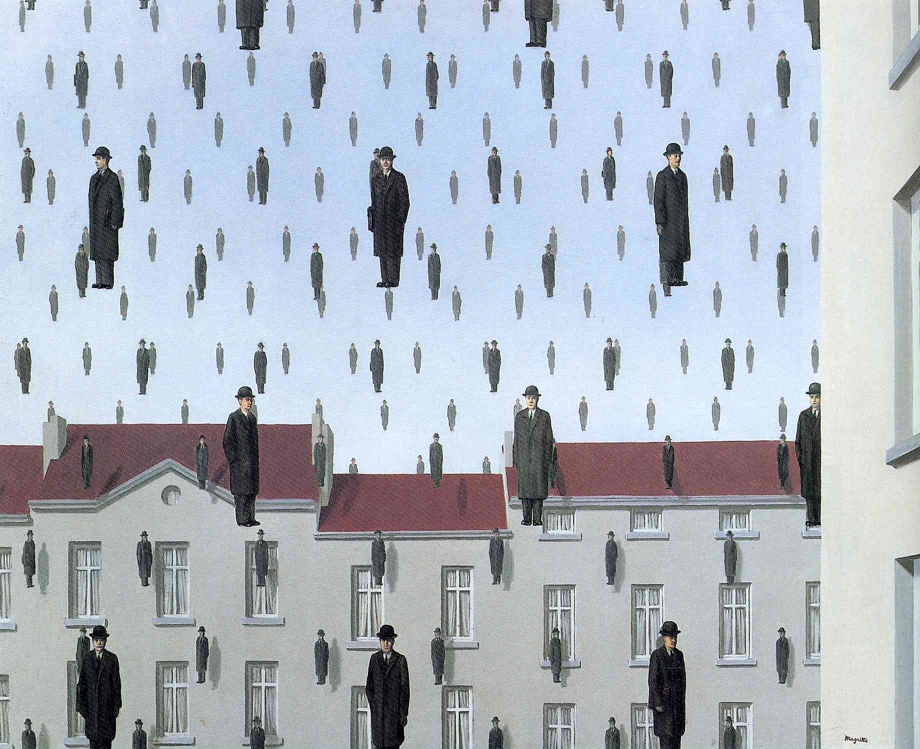 Men in bowler hats falling from the sky over buildings HD Wallpaper