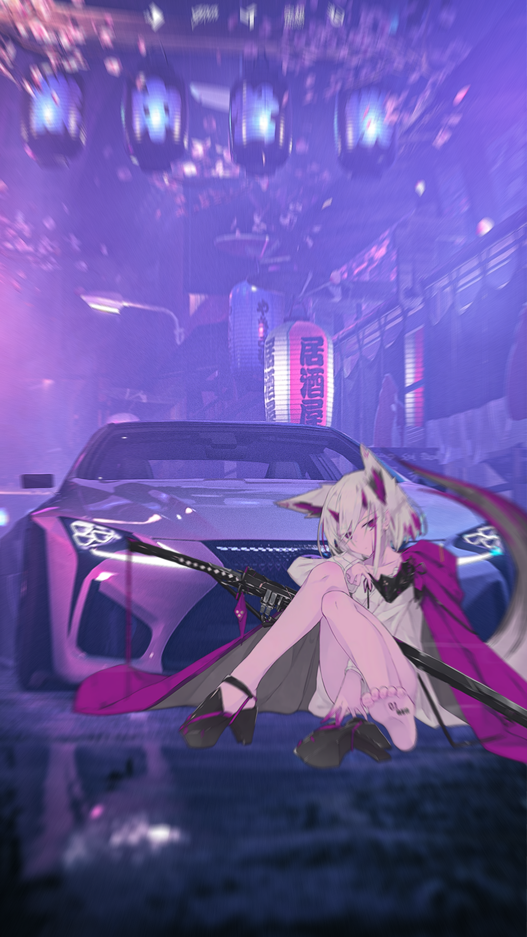 Anime girl with fox ears and Lexus LC-500 HD Phone Wallpaper