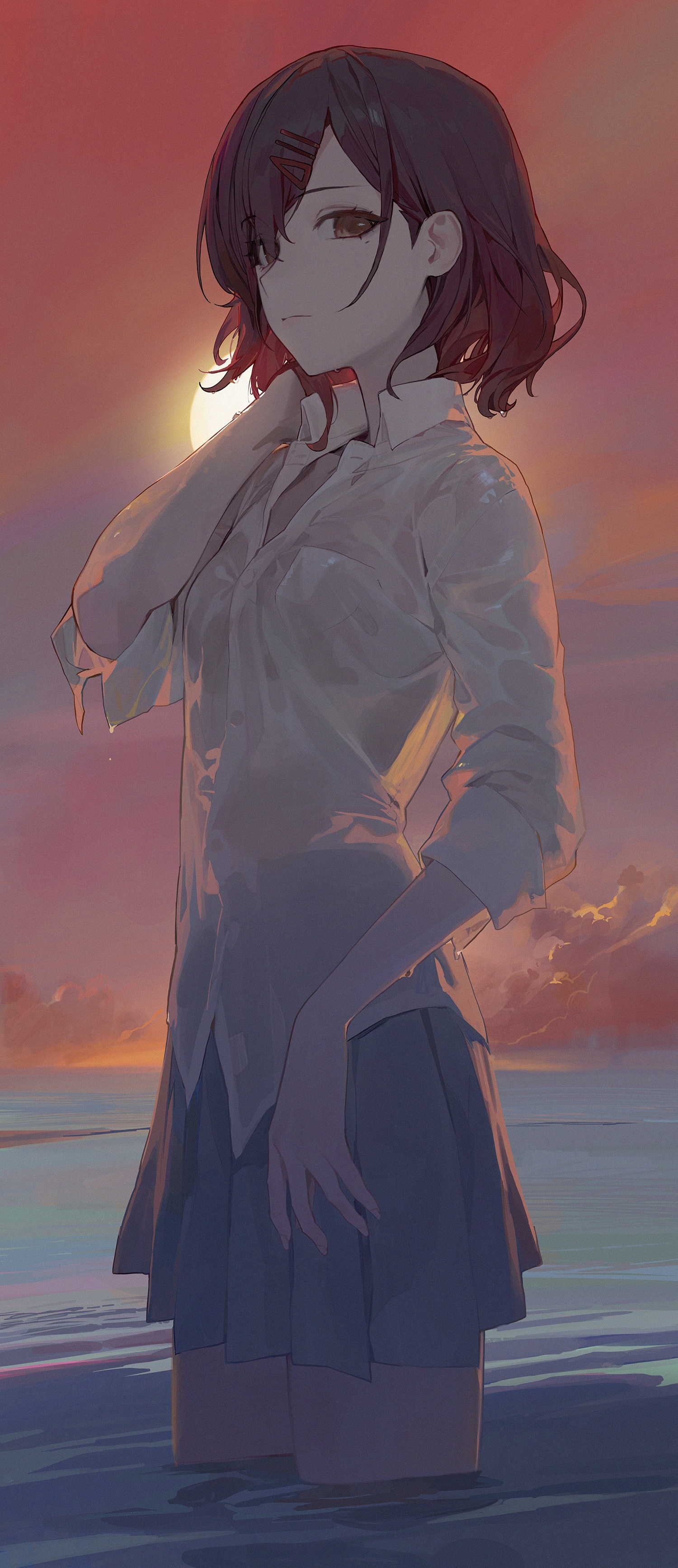 Higuchi Madoka in wet clothing standing in water at sunset HD Phone Wallpaper
