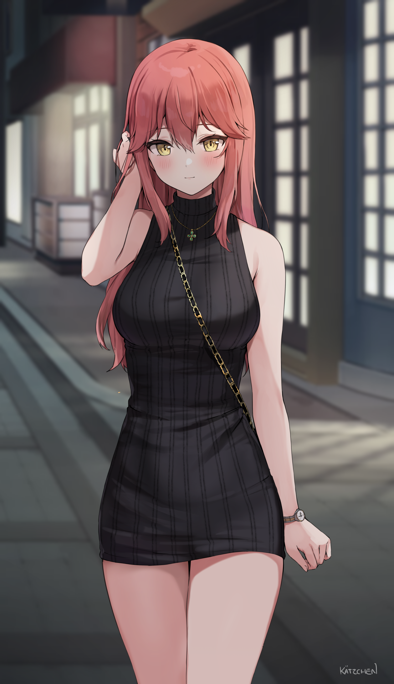 Anime girl with pink hair and yellow eyes HD Phone Wallpaper
