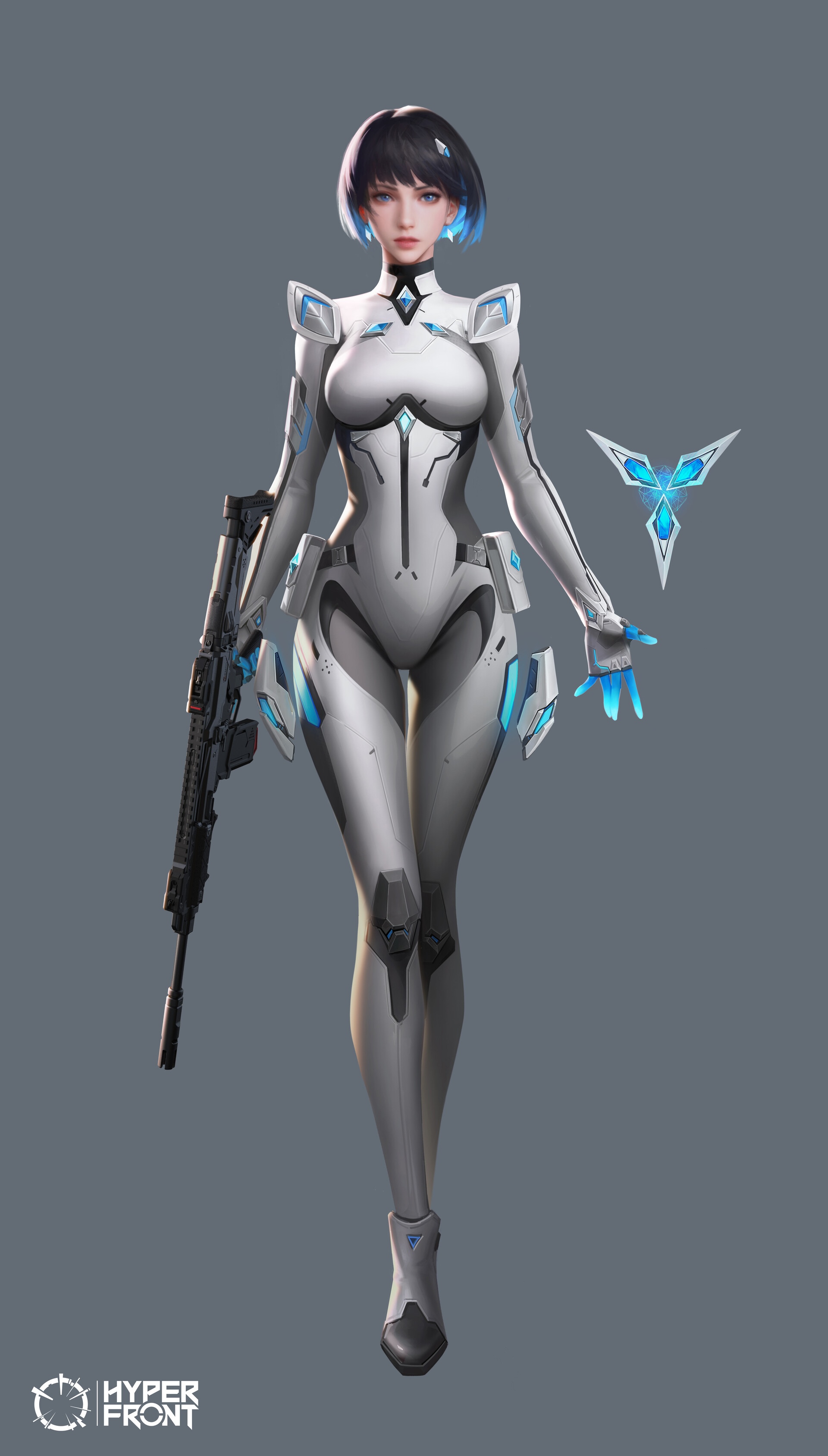Jingwei Qiu in a futuristic white bodysuit with a rifle HD Phone Wallpaper