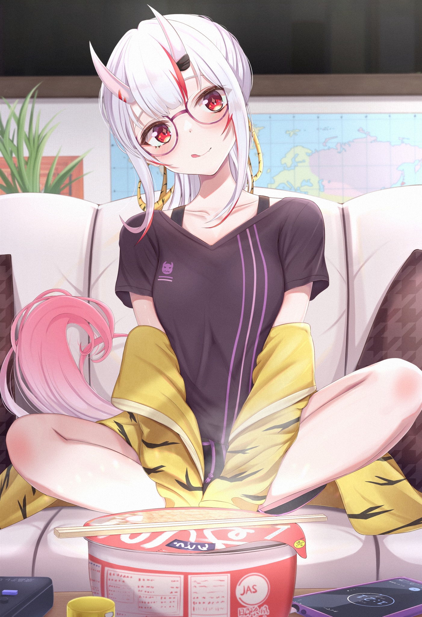 Anime girl with horns and glasses eating ramen HD Phone Wallpaper