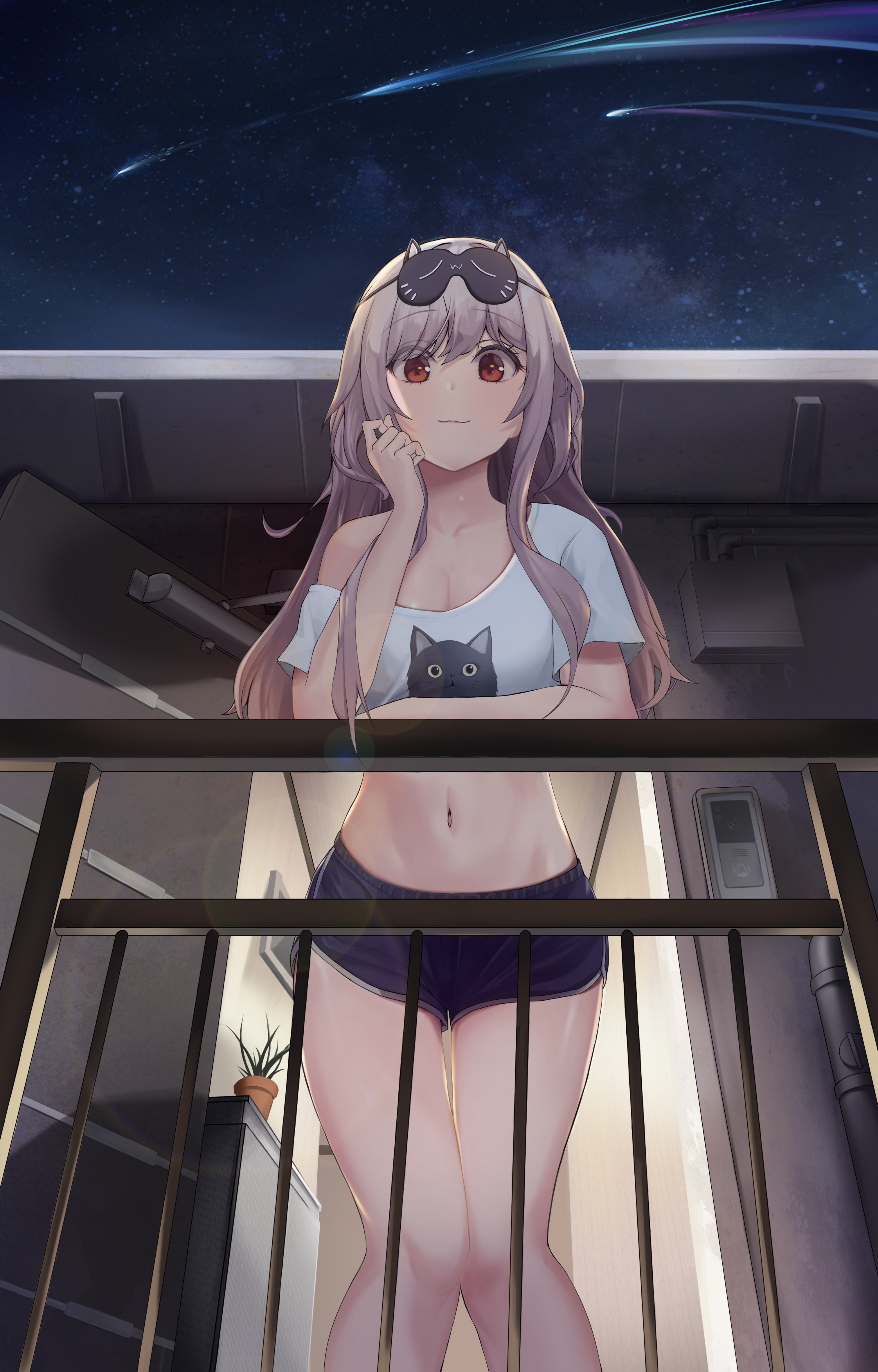 Girl with cat shirt on balcony at night HD Phone Wallpaper