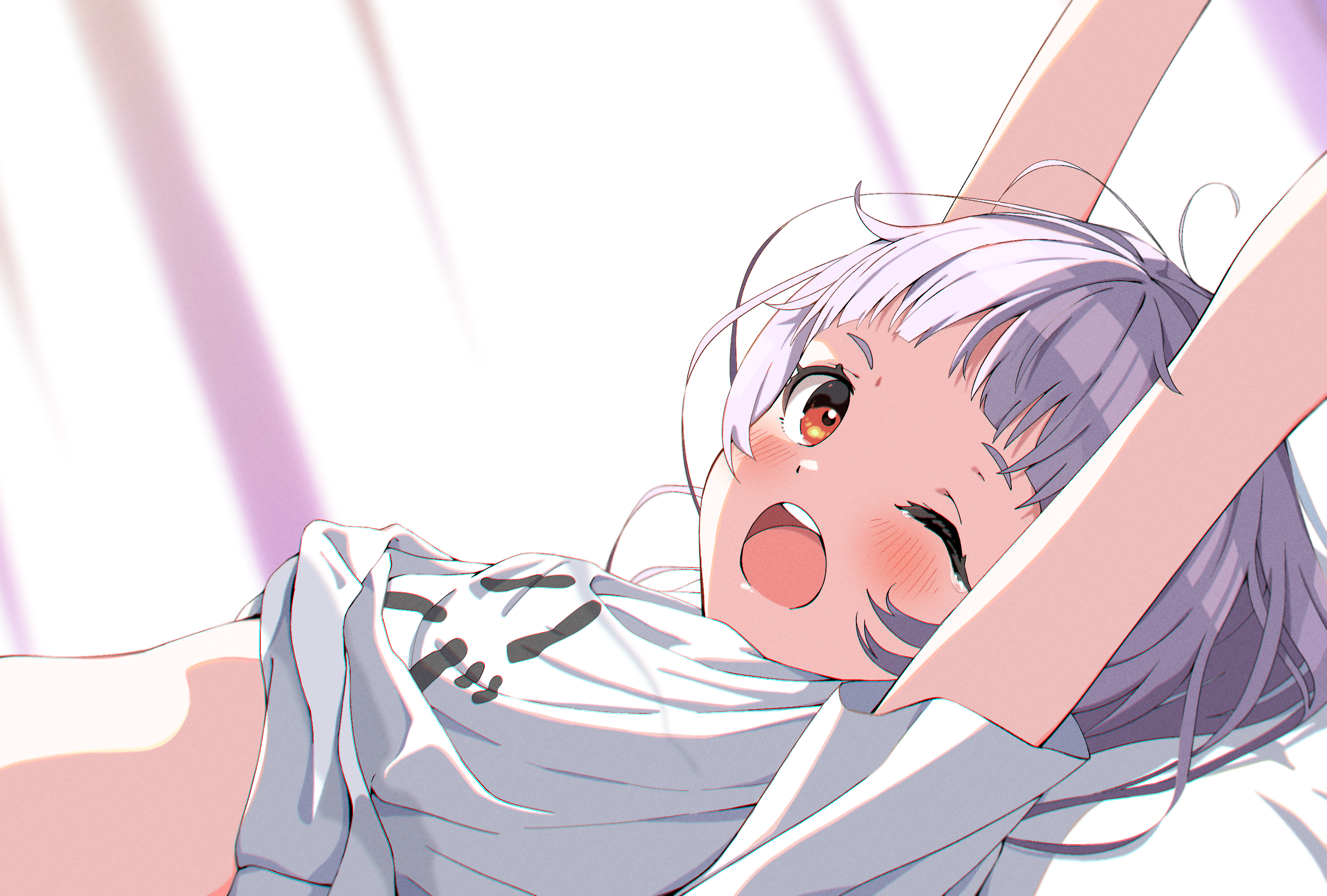 Anime girl with purple hair stretching HD Wallpaper