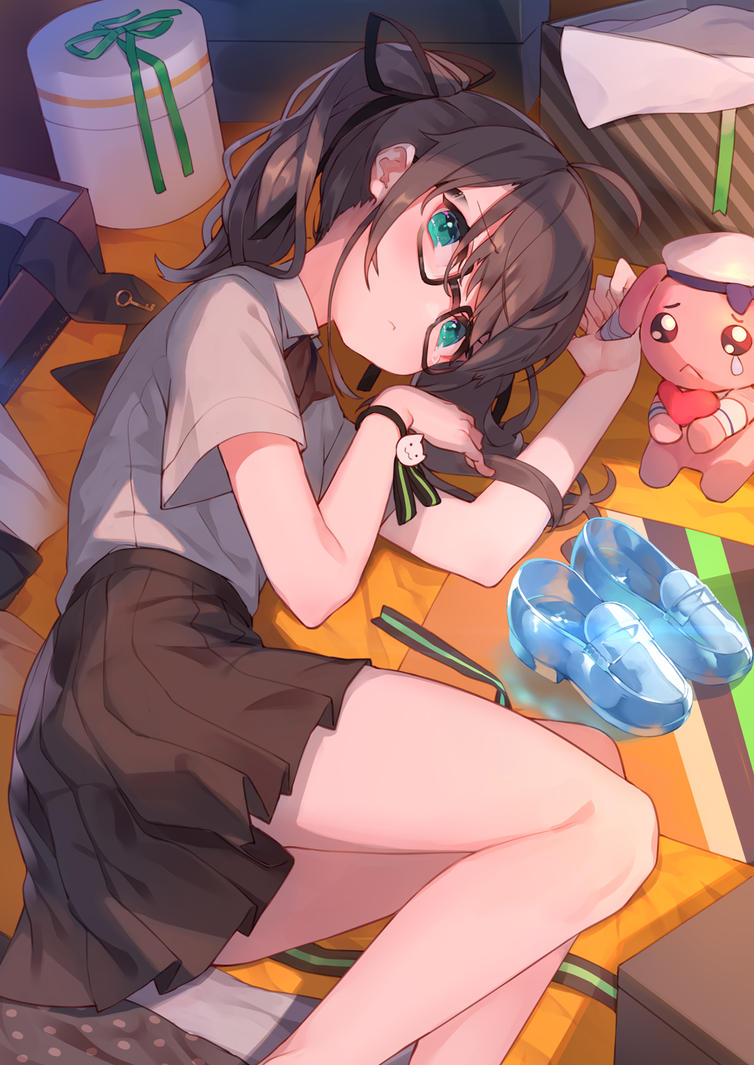 Girl with glasses in school uniform lying down HD Phone Wallpaper