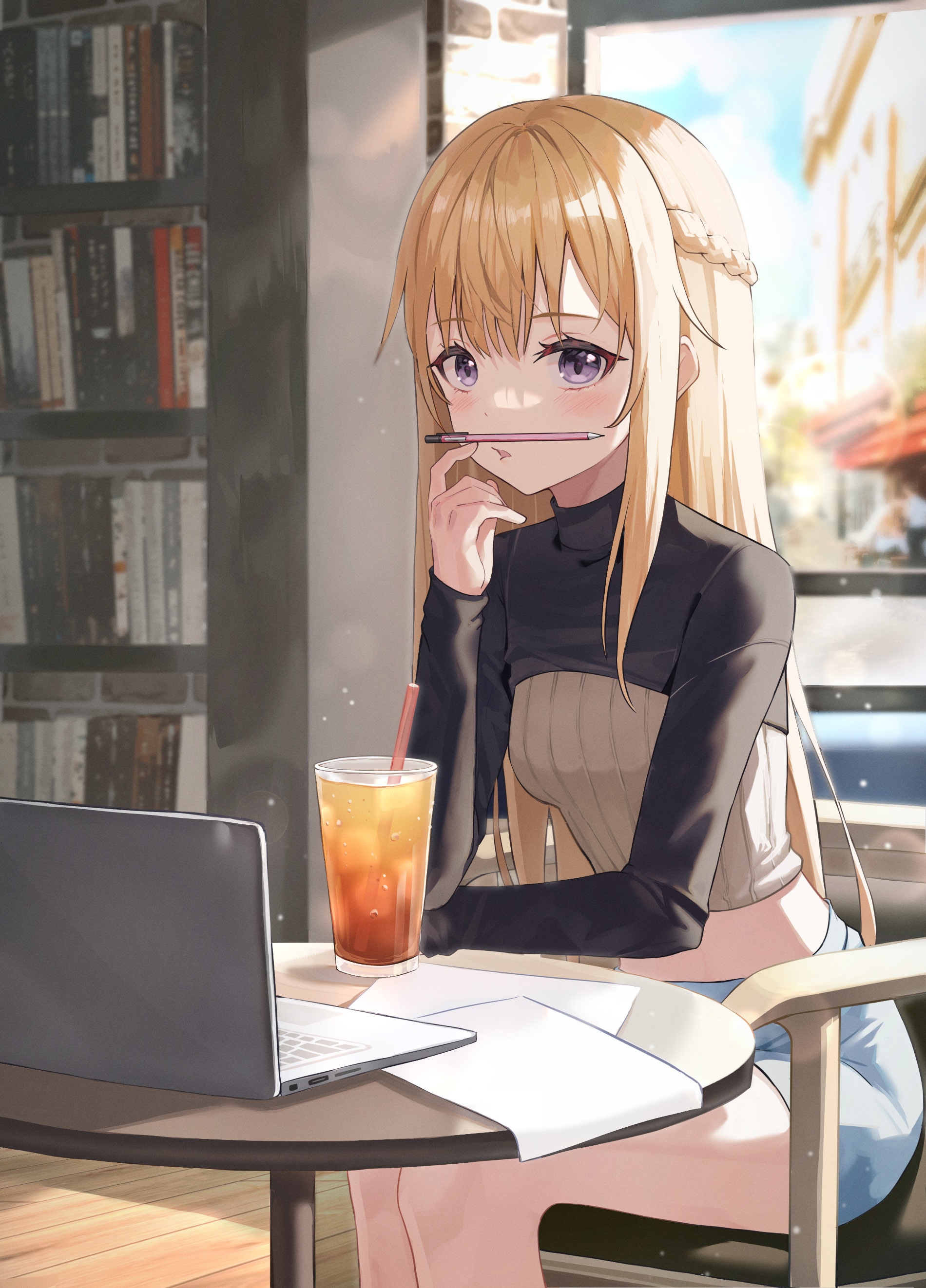 Blonde girl with purple eyes studying in a cafe HD Phone Wallpaper