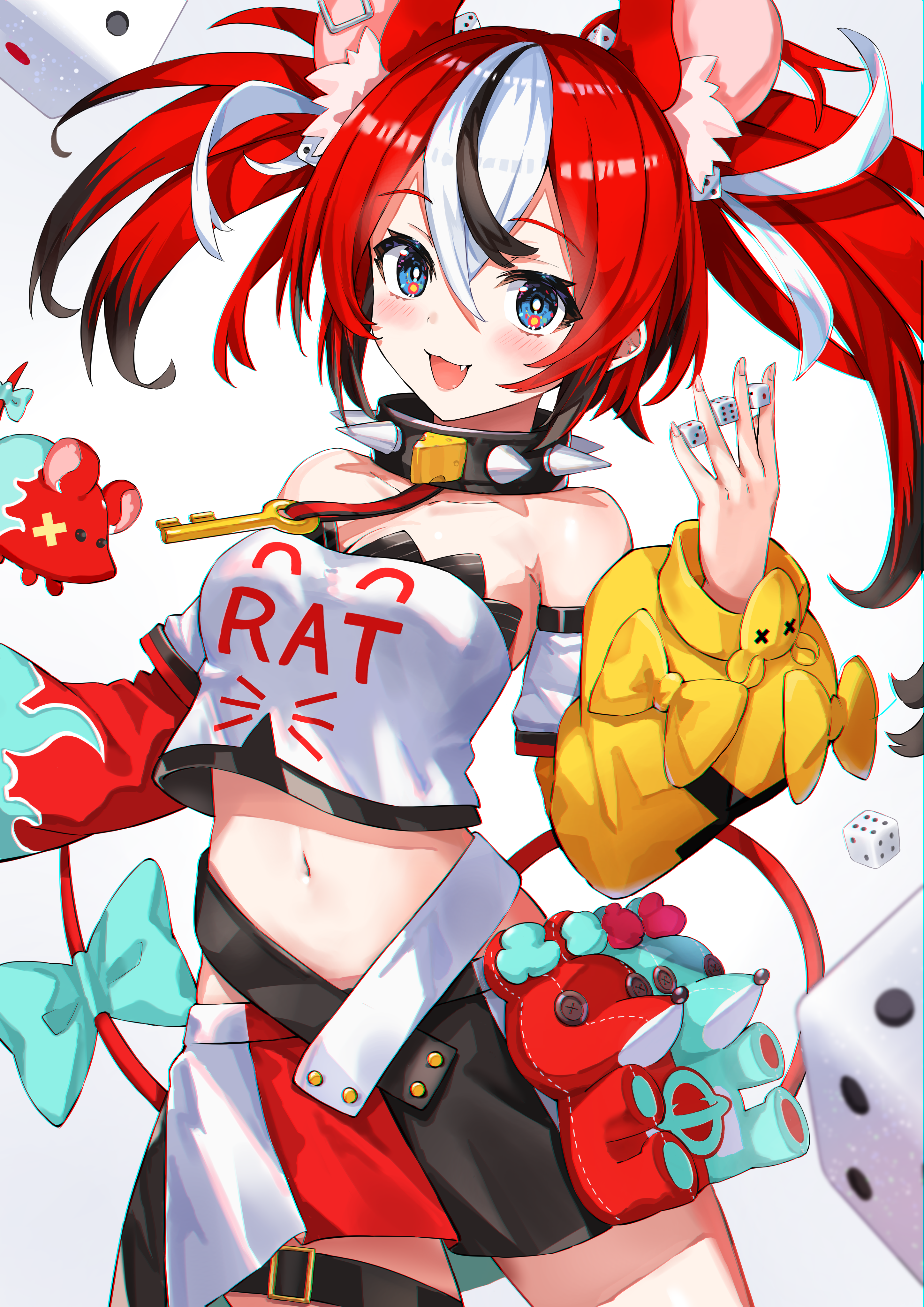 Hakos Baelz with rat plushies and dice HD Phone Wallpaper