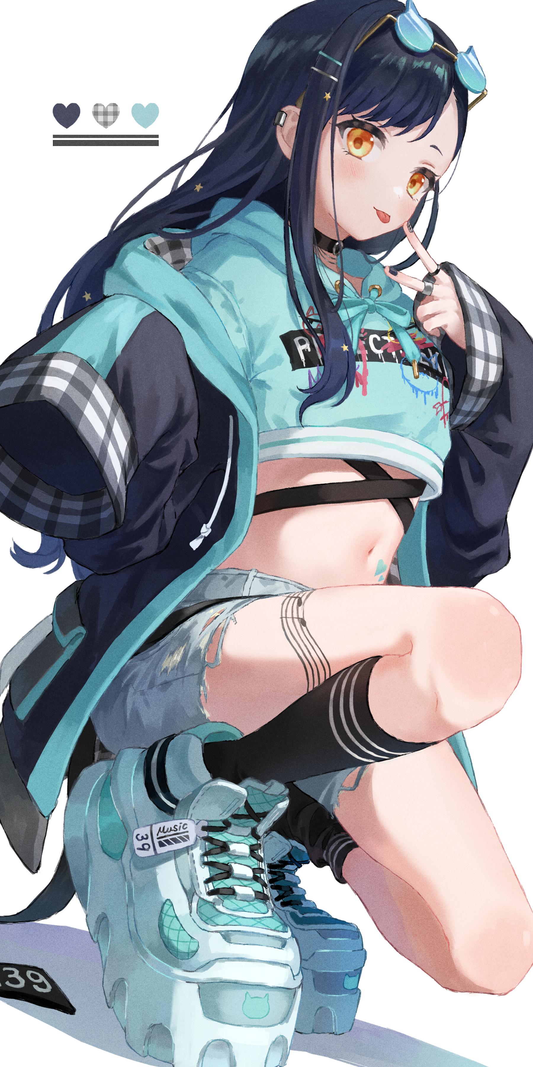 Anime girl with dark hair and blue hoodie HD Phone Wallpaper