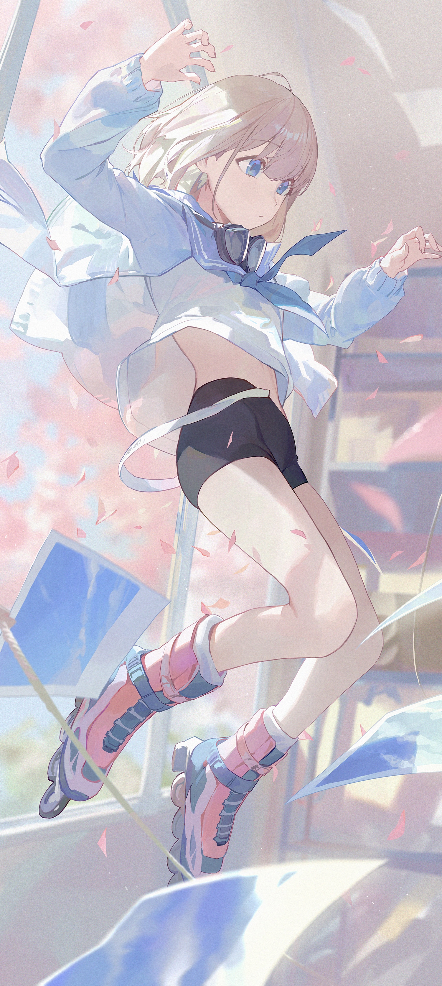 Anime girl with blonde hair on rollerblades HD Phone Wallpaper