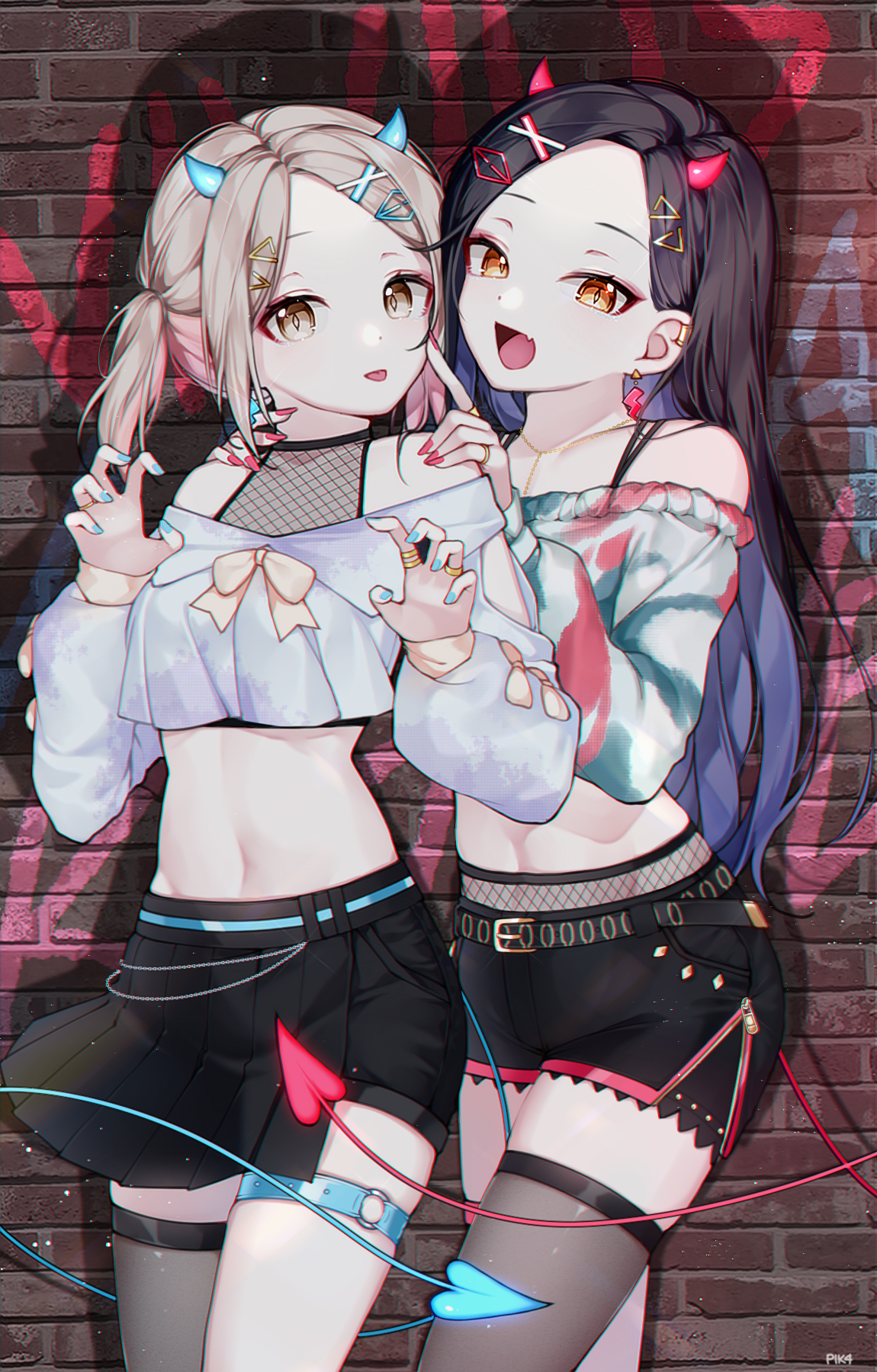Two anime girls with demon horns and belly buttons HD Phone Wallpaper