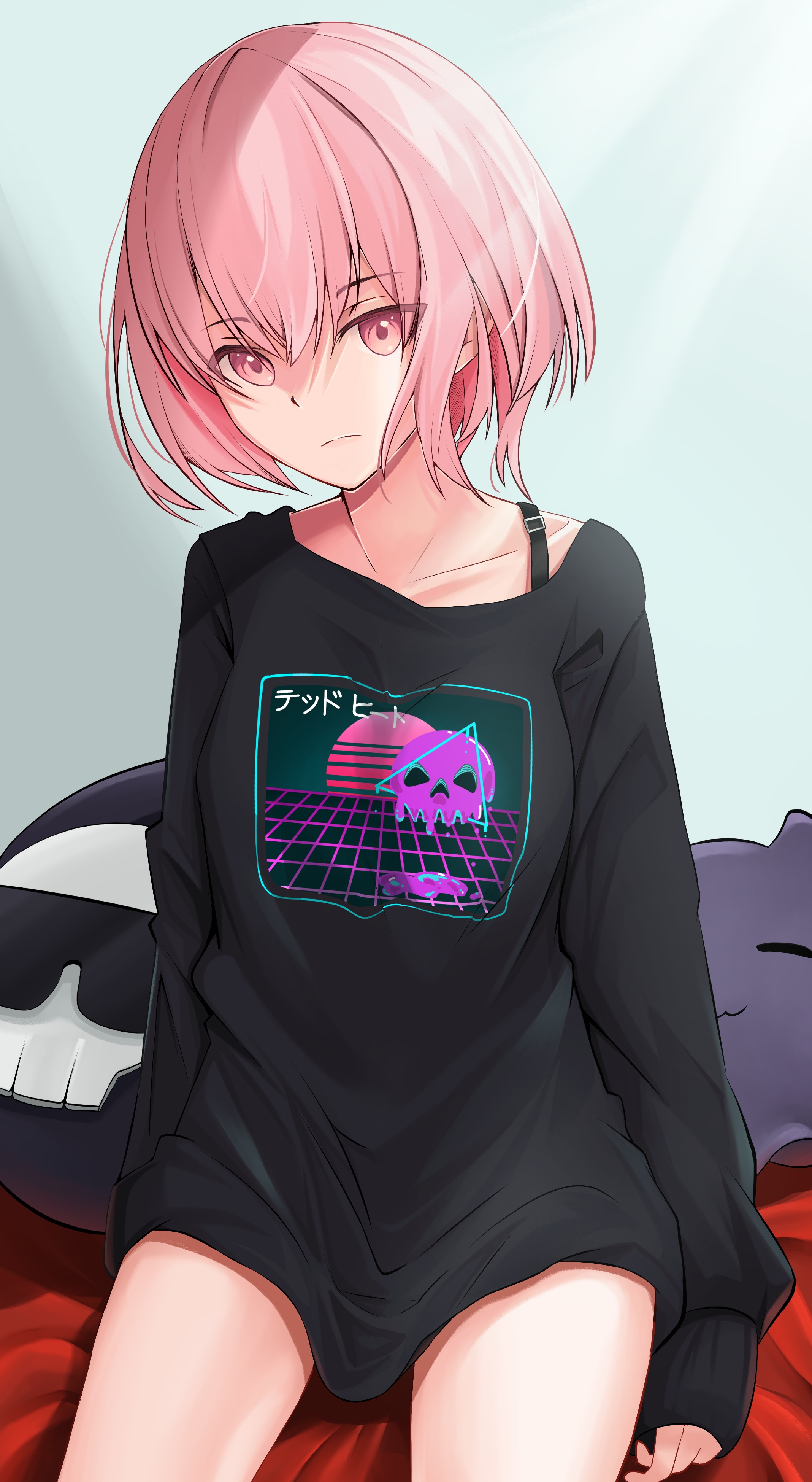 Anime girl with pink hair wearing a black shirt HD Phone Wallpaper