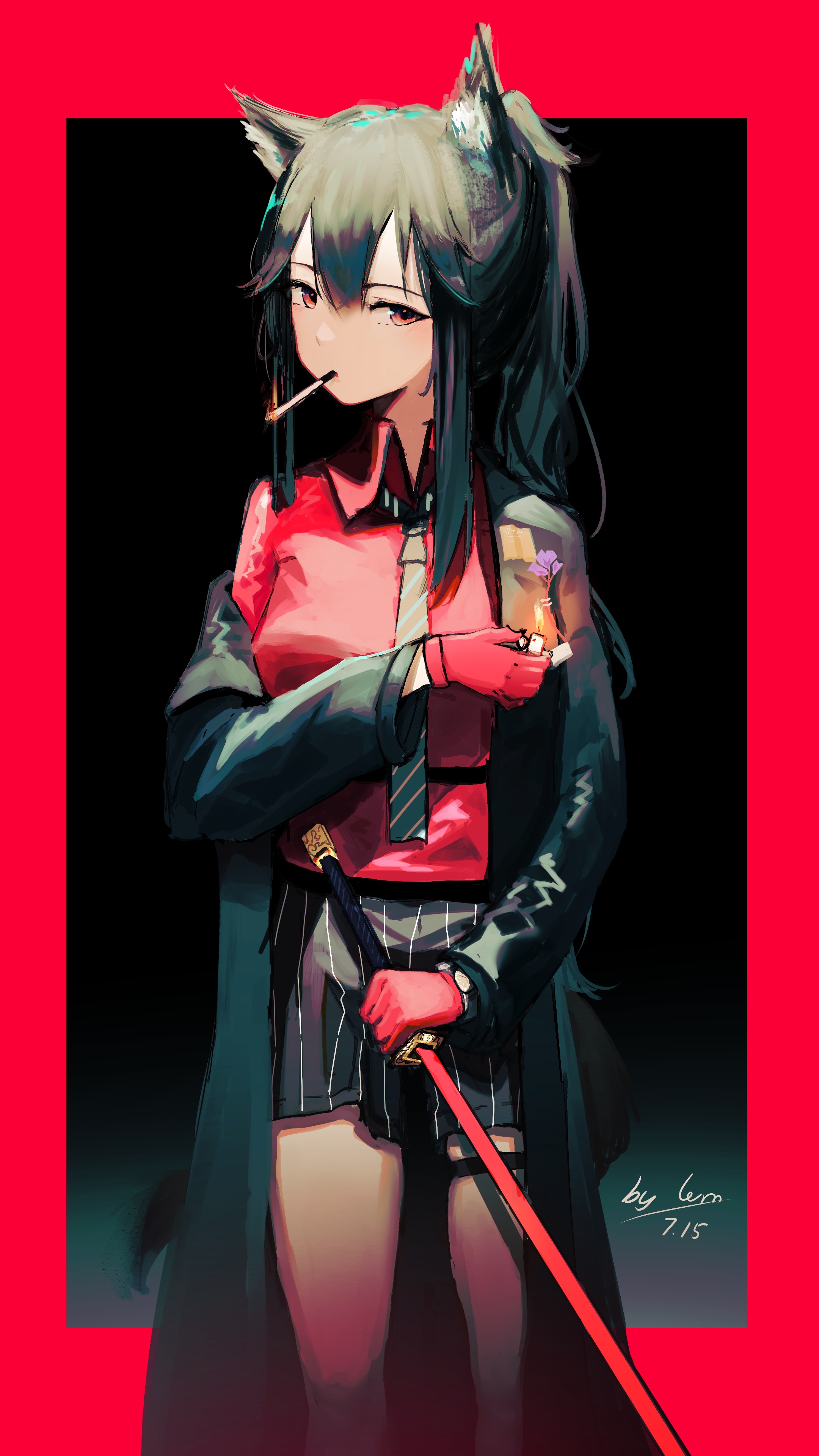 Texas from Arknights lighting a cigarette with a sword HD Phone Wallpaper