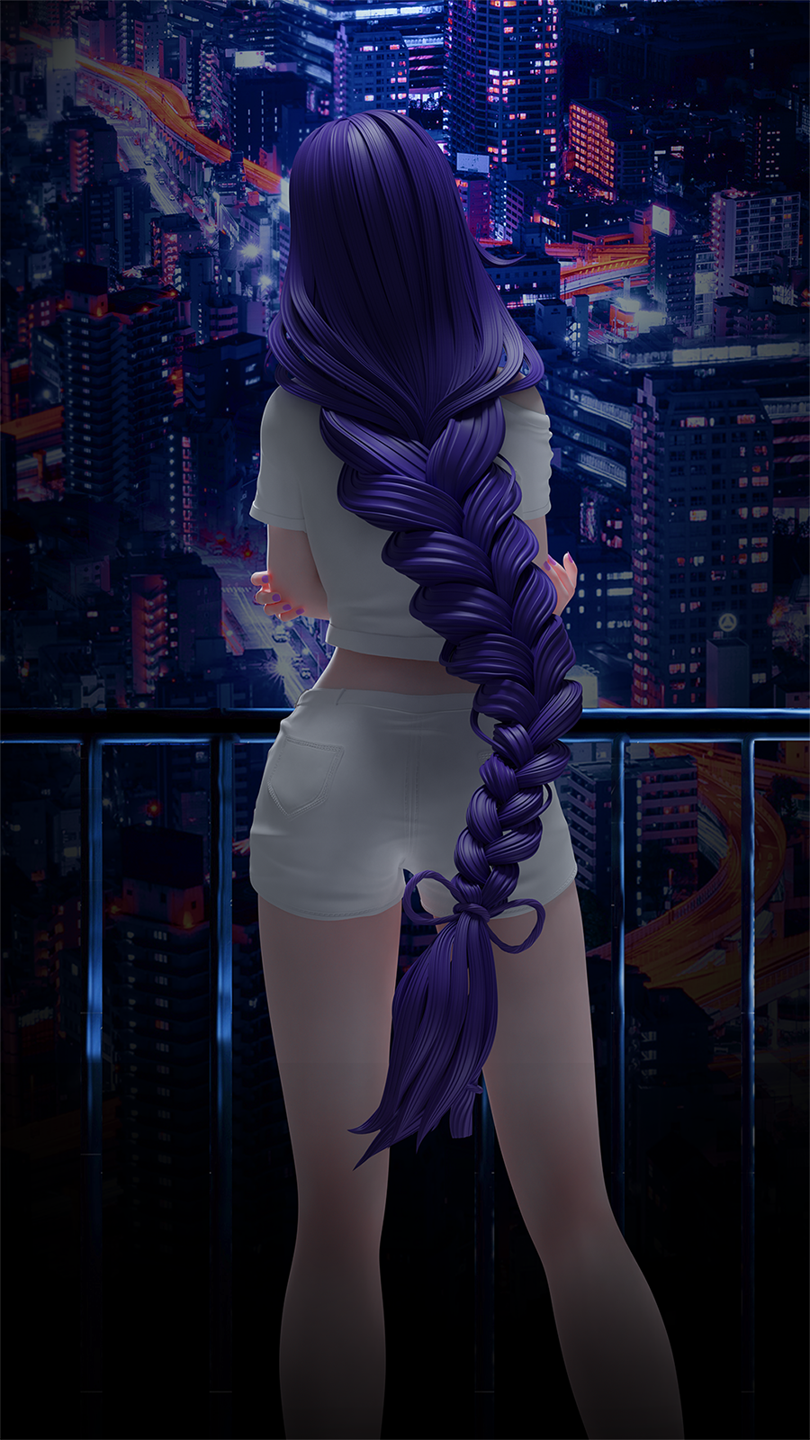 Raiden Shogun with purple hair overlooking a city HD Phone Wallpaper