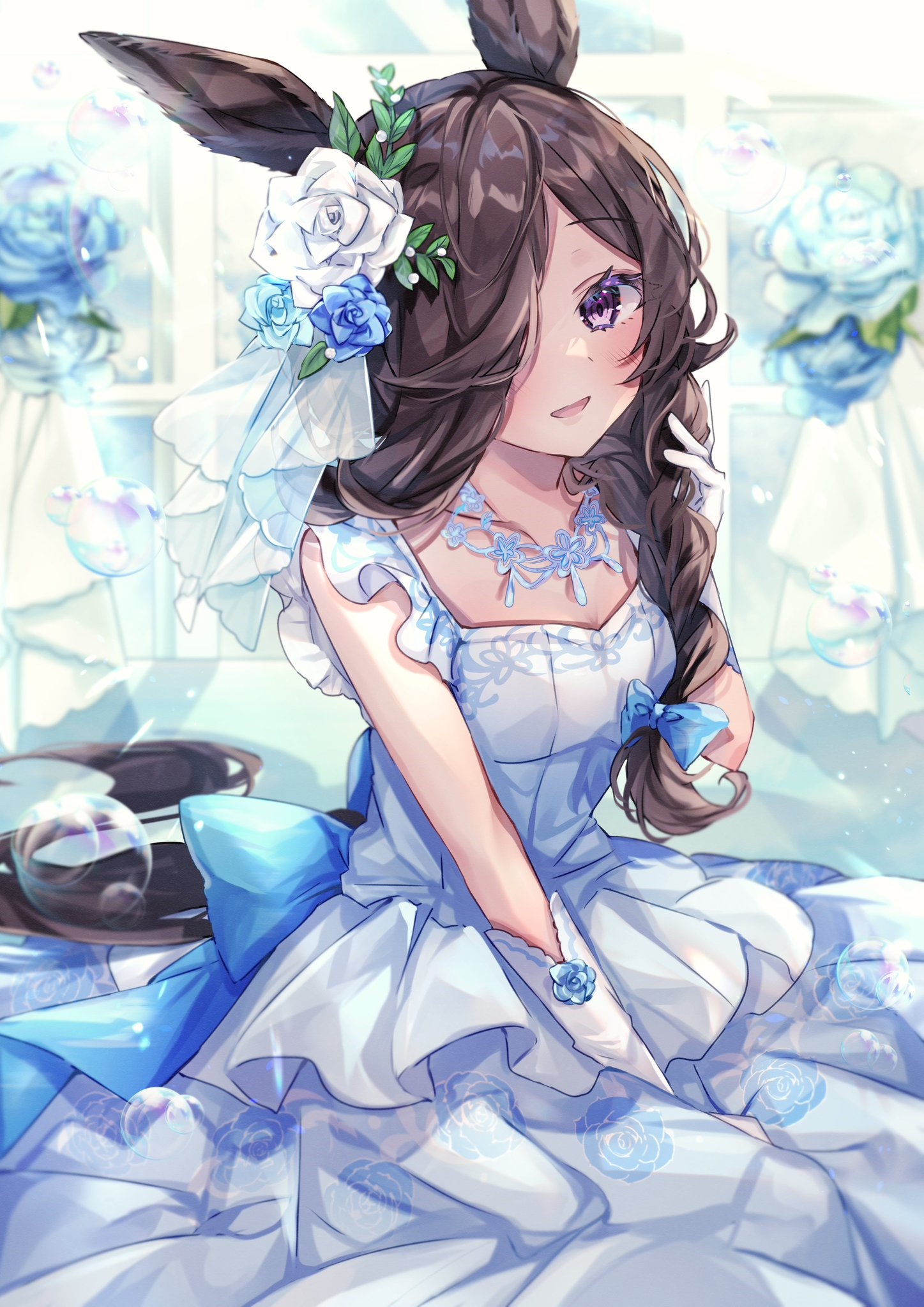 Rice Shower in a White and Blue Dress HD Phone Wallpaper