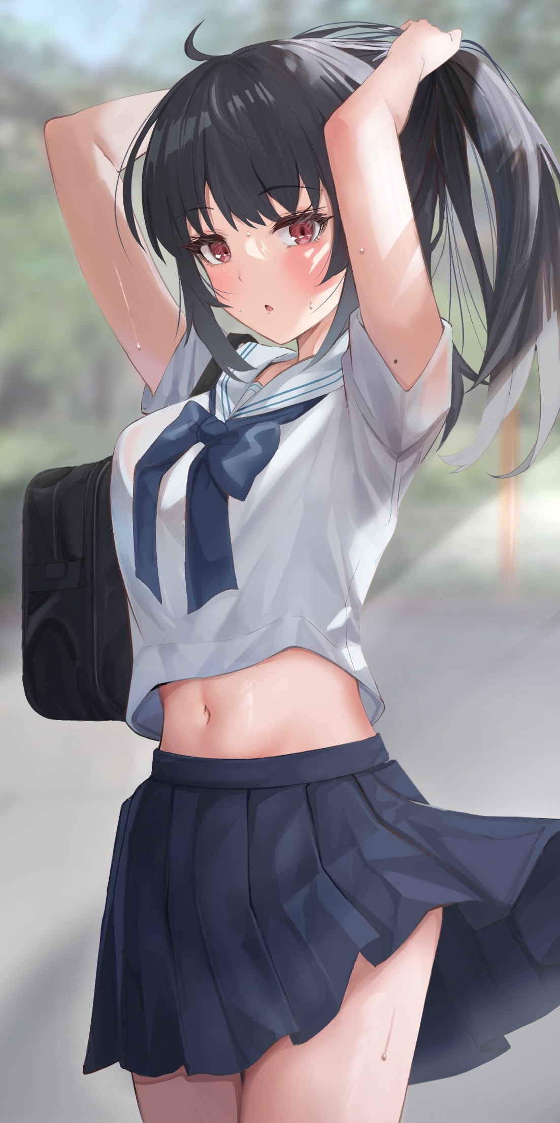 Anime schoolgirl with red eyes tying her hair HD Phone Wallpaper