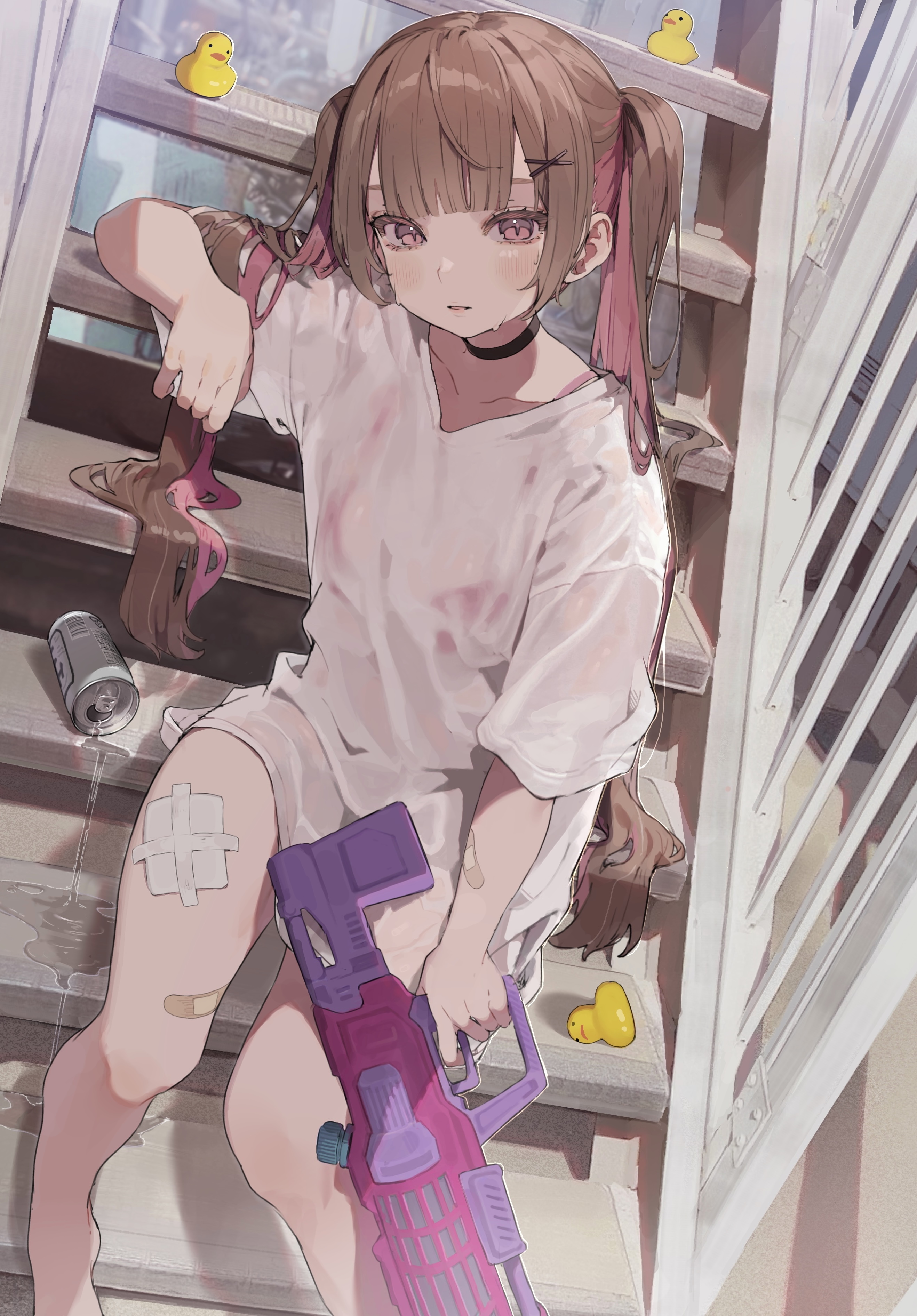 Anime girl with pigtails and water gun on stairs HD Phone Wallpaper