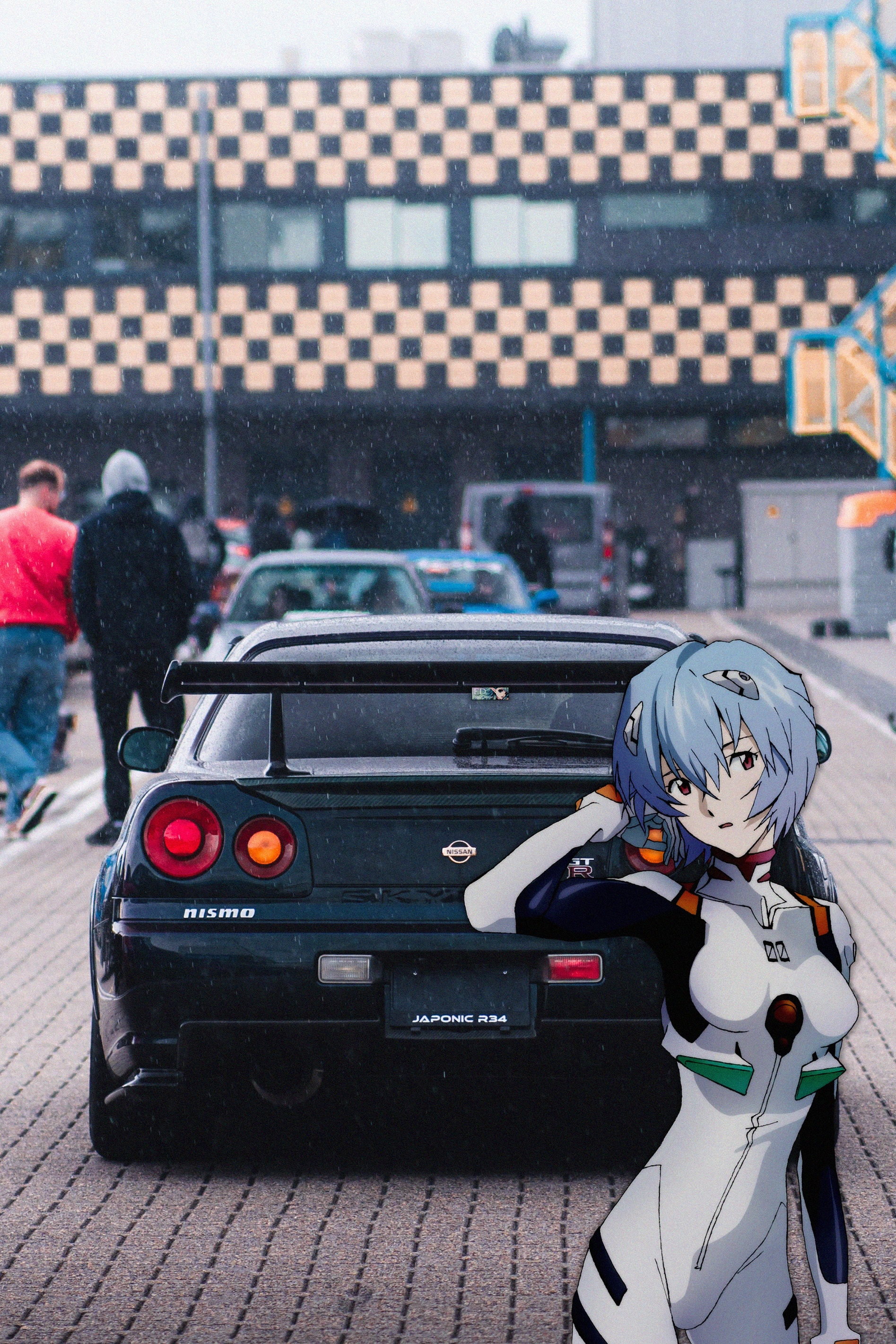 Ayanami Rei with a Nissan Skyline R34 HD Phone Wallpaper