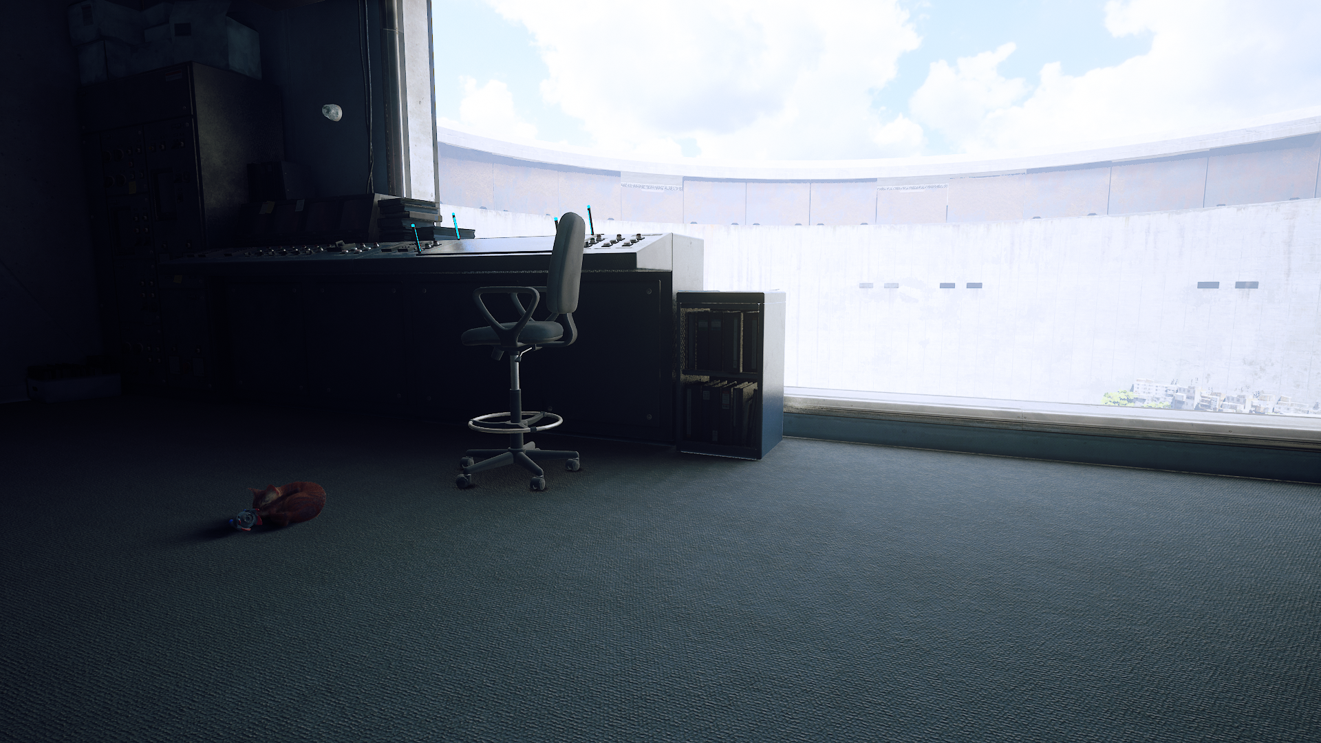 Stray: A cat sleeps in a futuristic control room HD Wallpaper