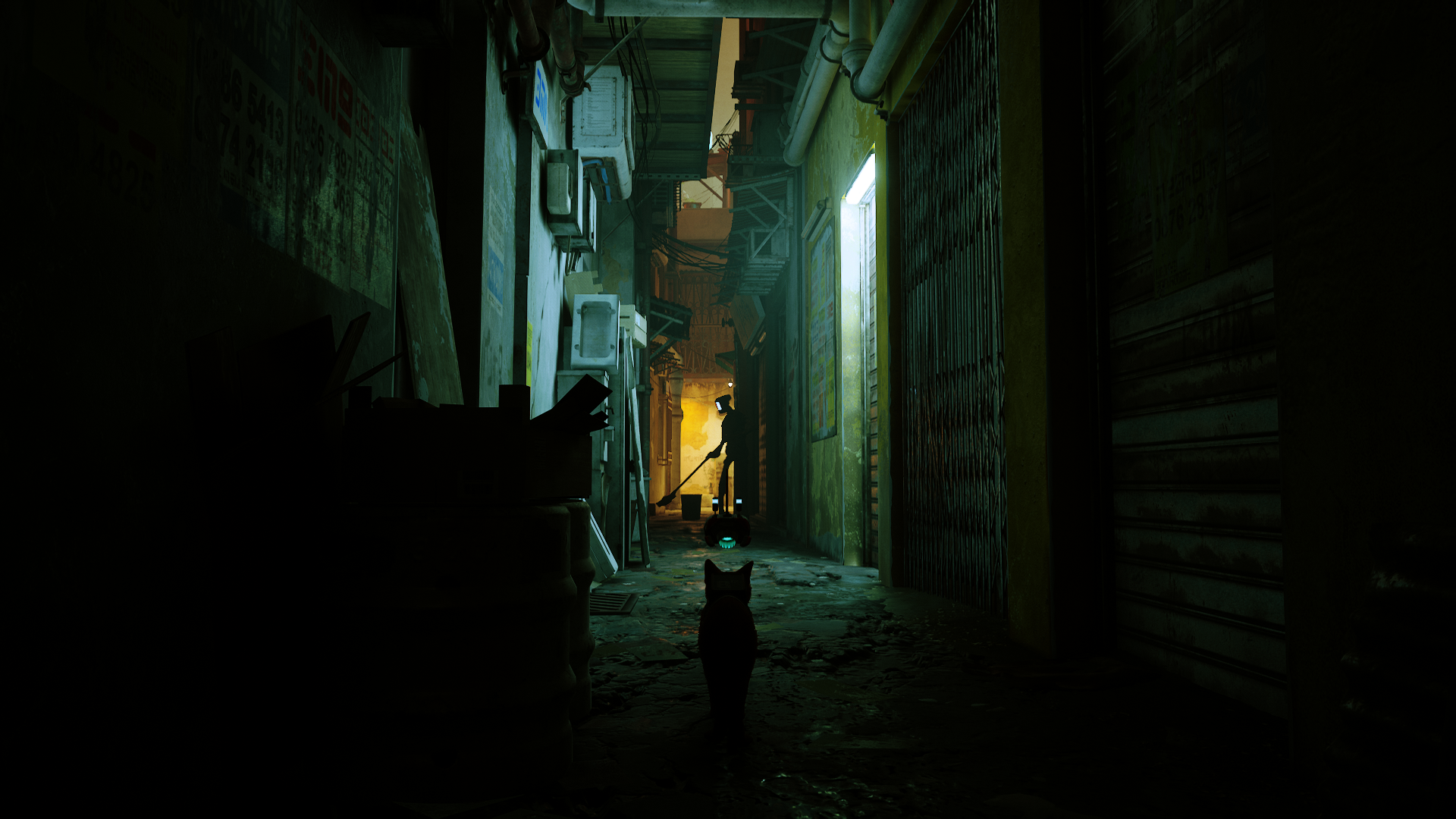 Stray: Cat in a futuristic alleyway with a robot HD Wallpaper