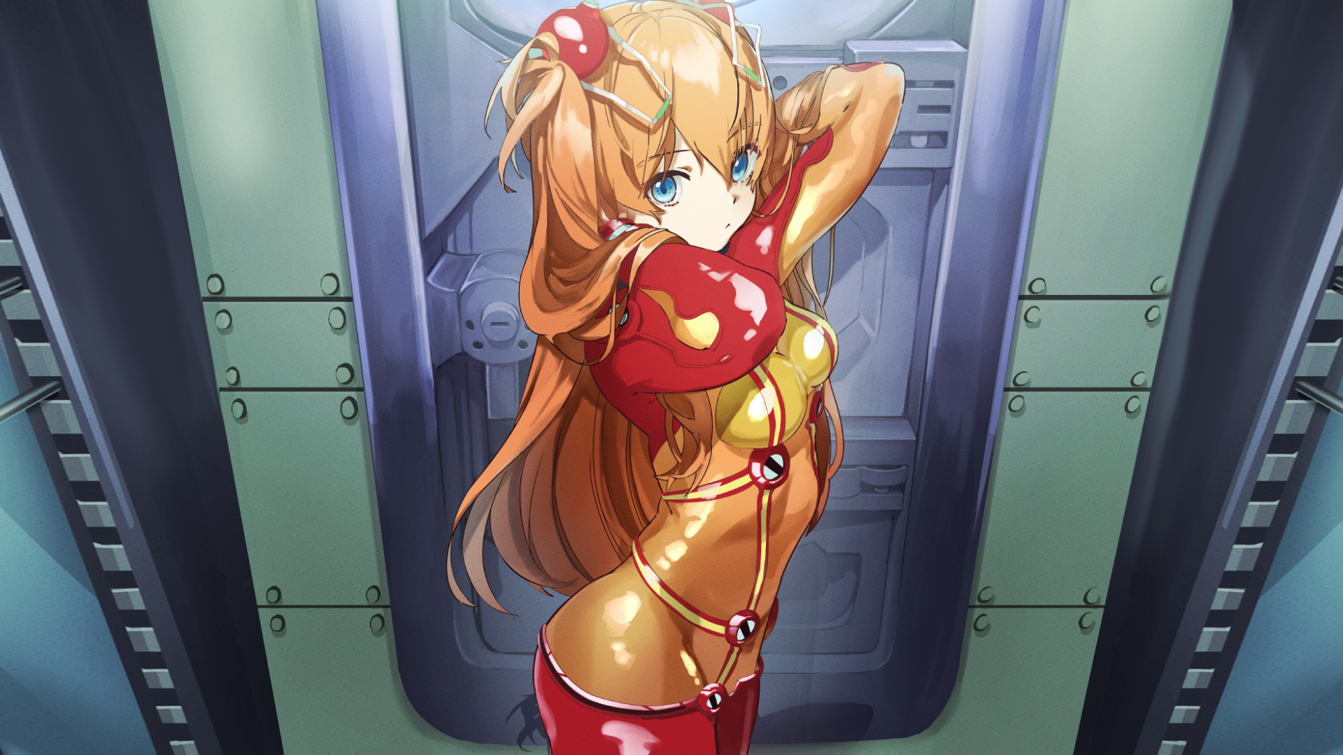 Asuka Langley Soryu in a red and yellow plugsuit HD Wallpaper