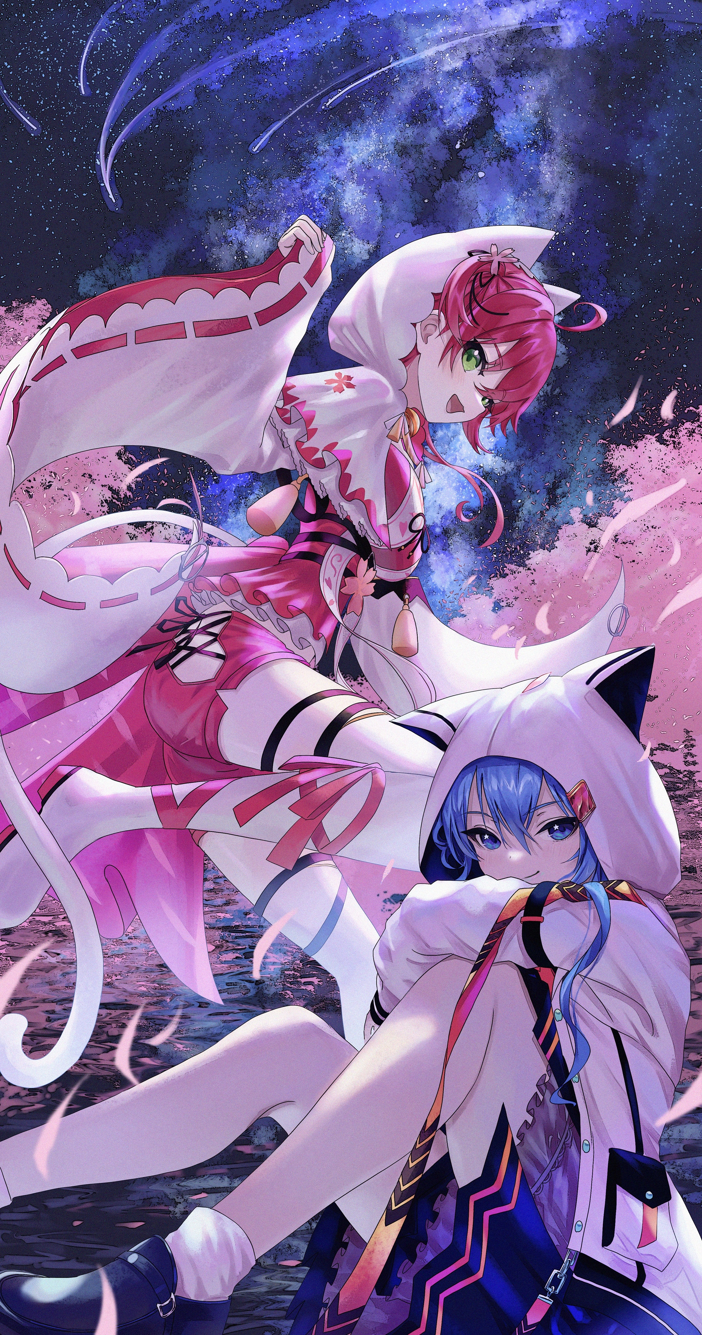 Sakura Miko and Hoshimachi Suisei under a starry sky HD Phone Wallpaper