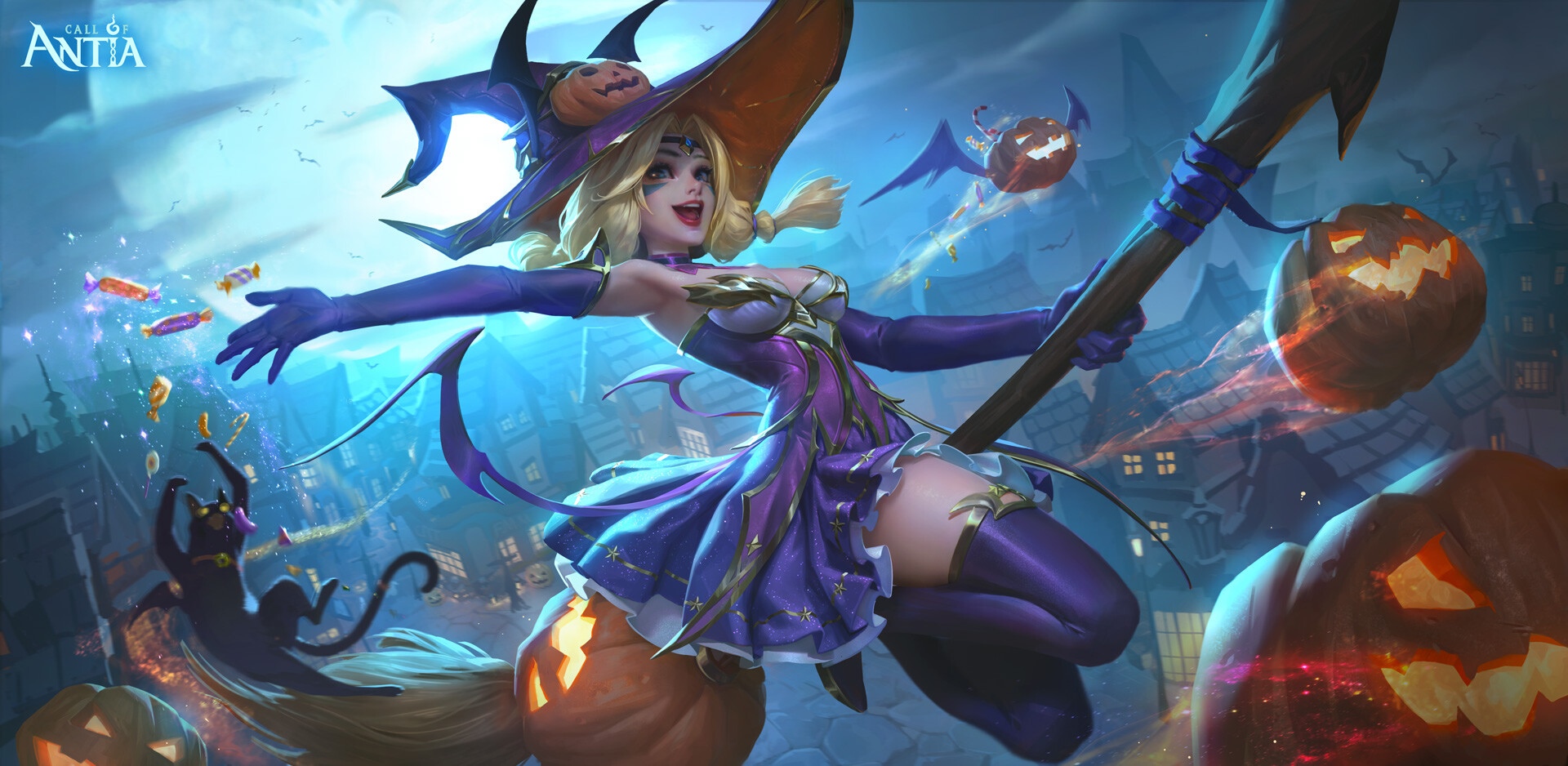 Call of Antia Halloween Witch with Broom and Pumpkins HD Wallpaper