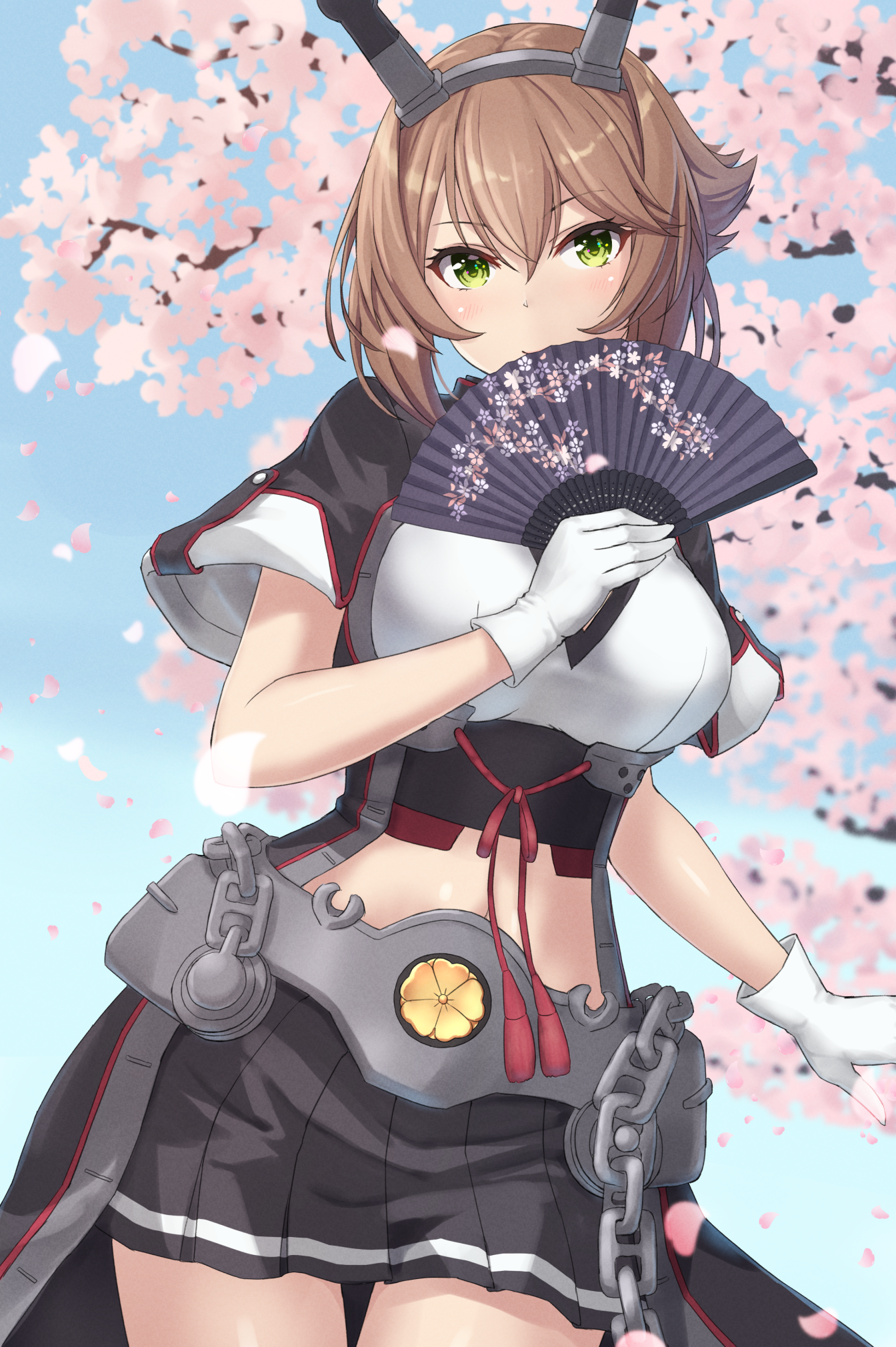 Mutsu from Kantai Collection holding a fan HD Phone Wallpaper