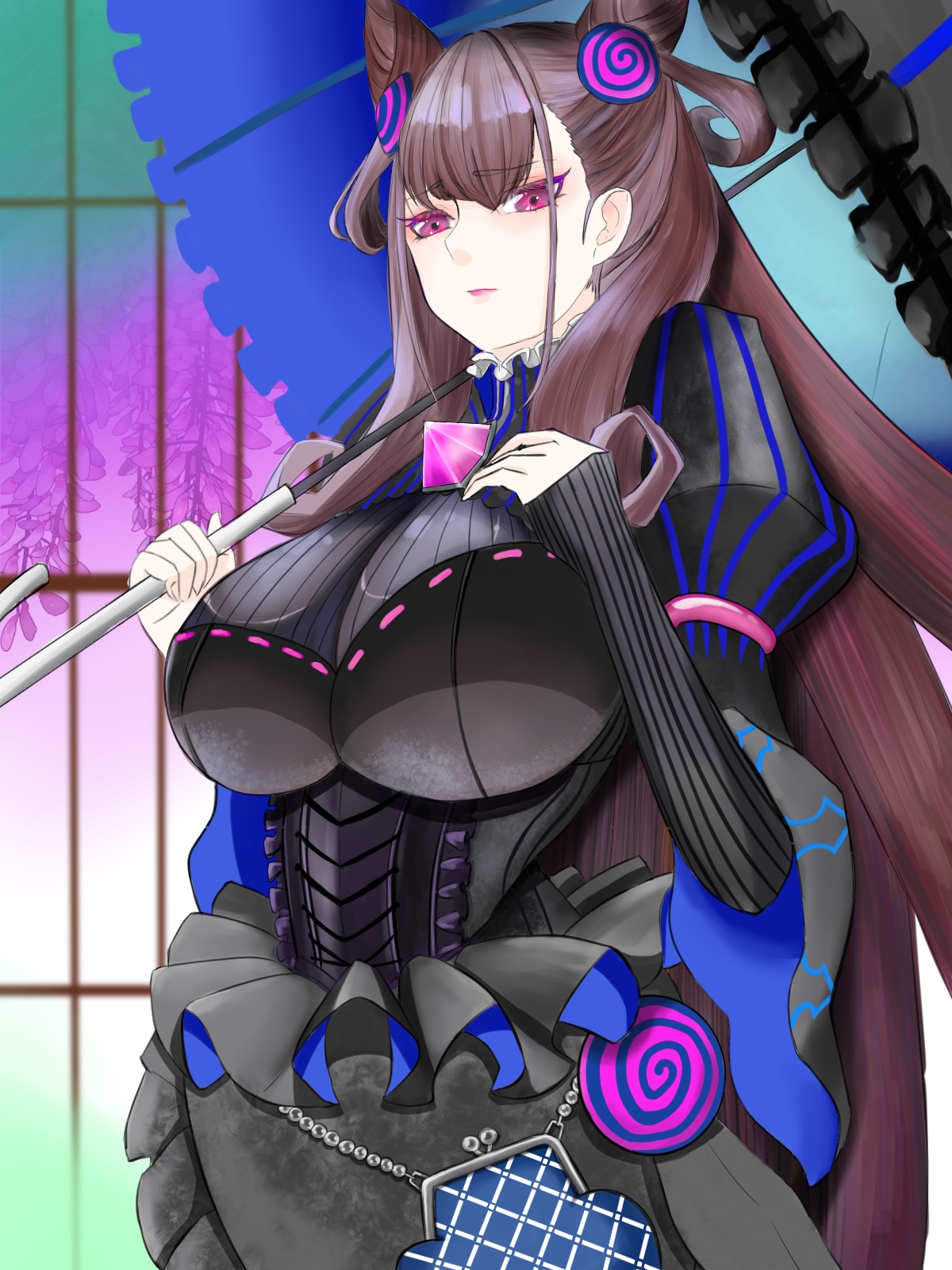 Murasaki Shikibu from Fate/Grand Order holding a blue umbrella HD Phone Wallpaper