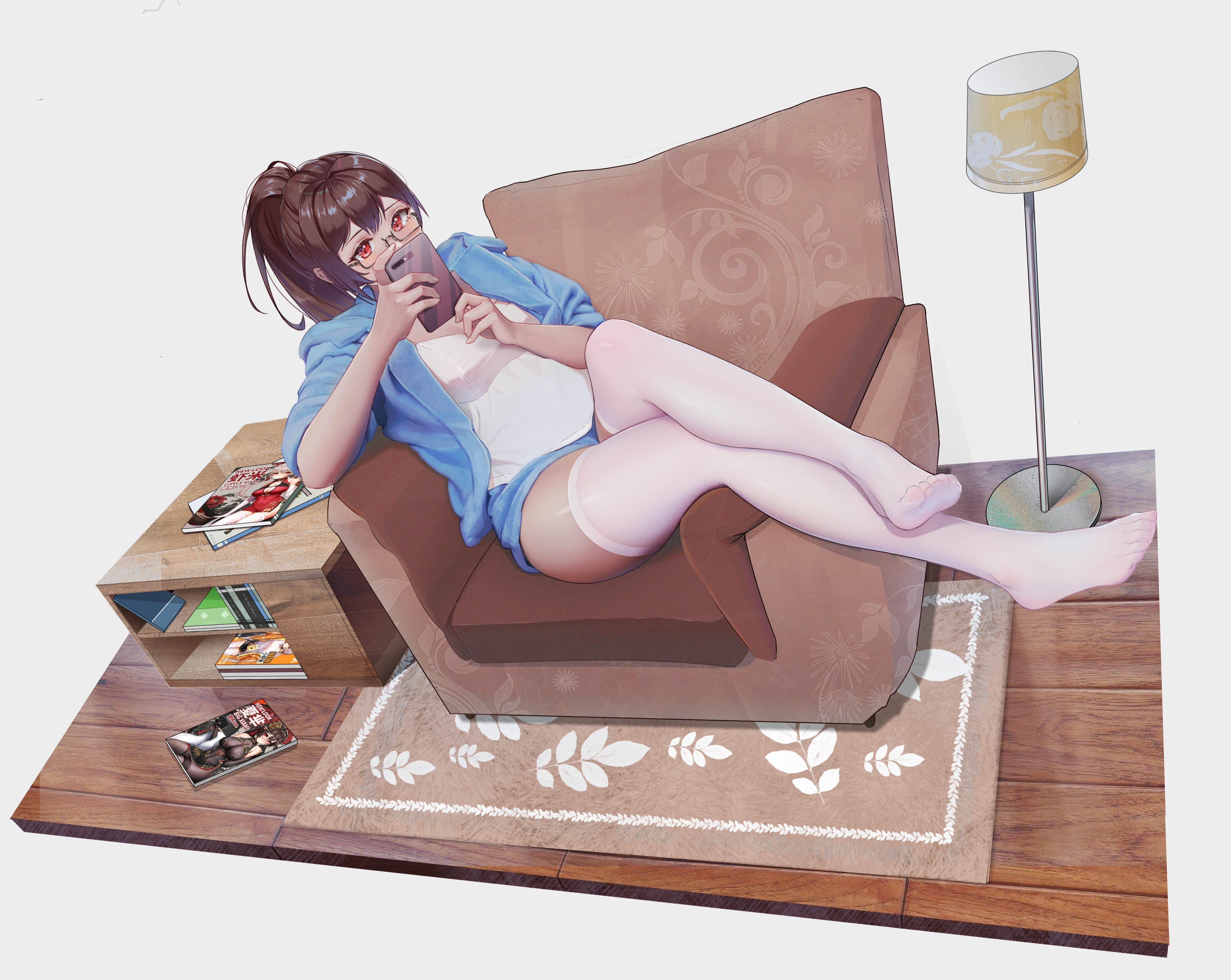 Anime girl with red eyes in white stockings on a chair HD Wallpaper