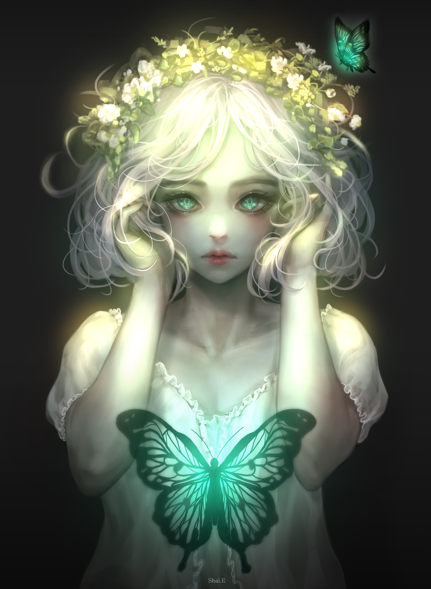 Fantasy girl with glowing butterflies and flower crown HD Phone Wallpaper