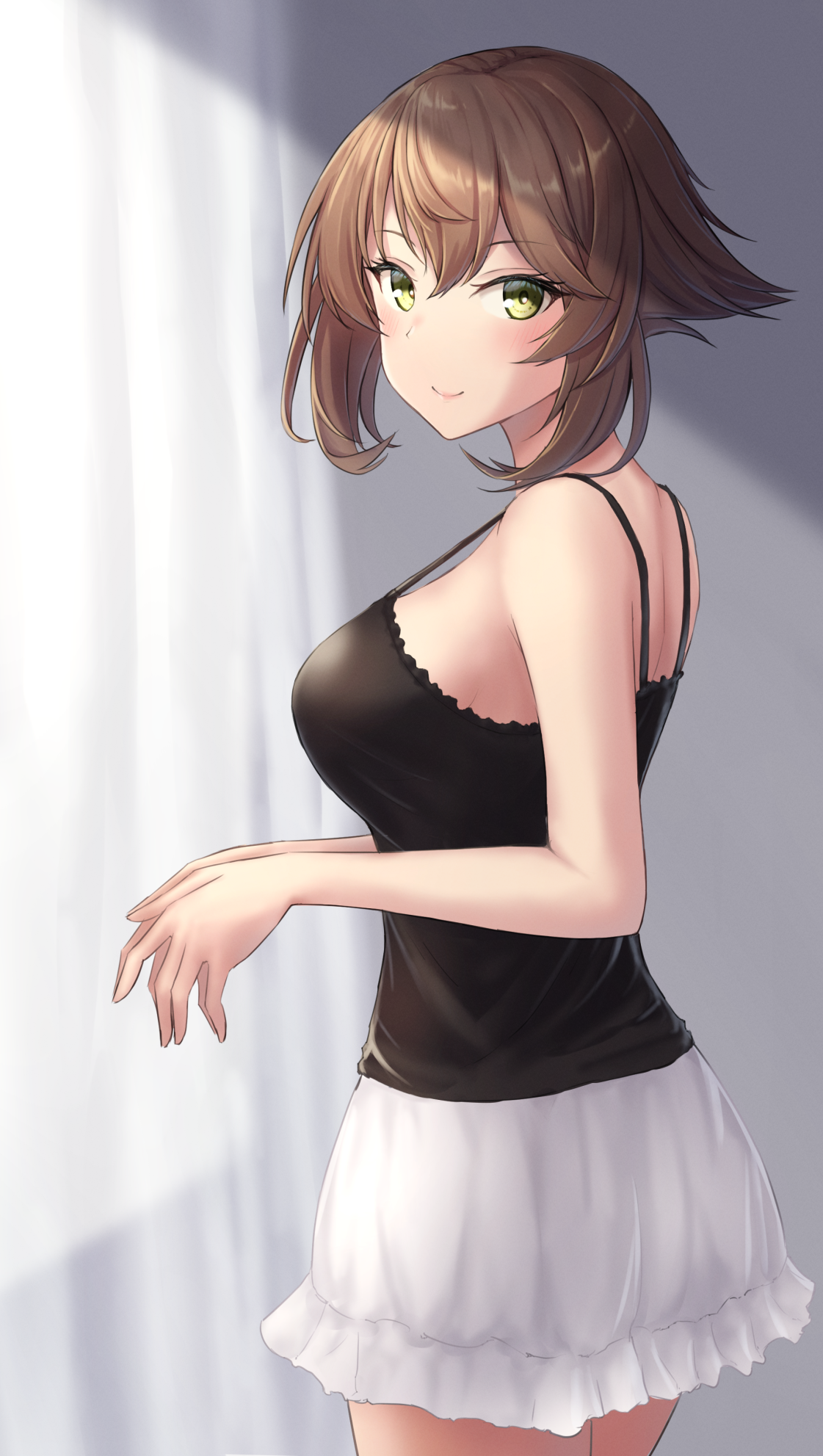 Mutsu from Kantai Collection in a black camisole and white skirt HD Phone Wallpaper
