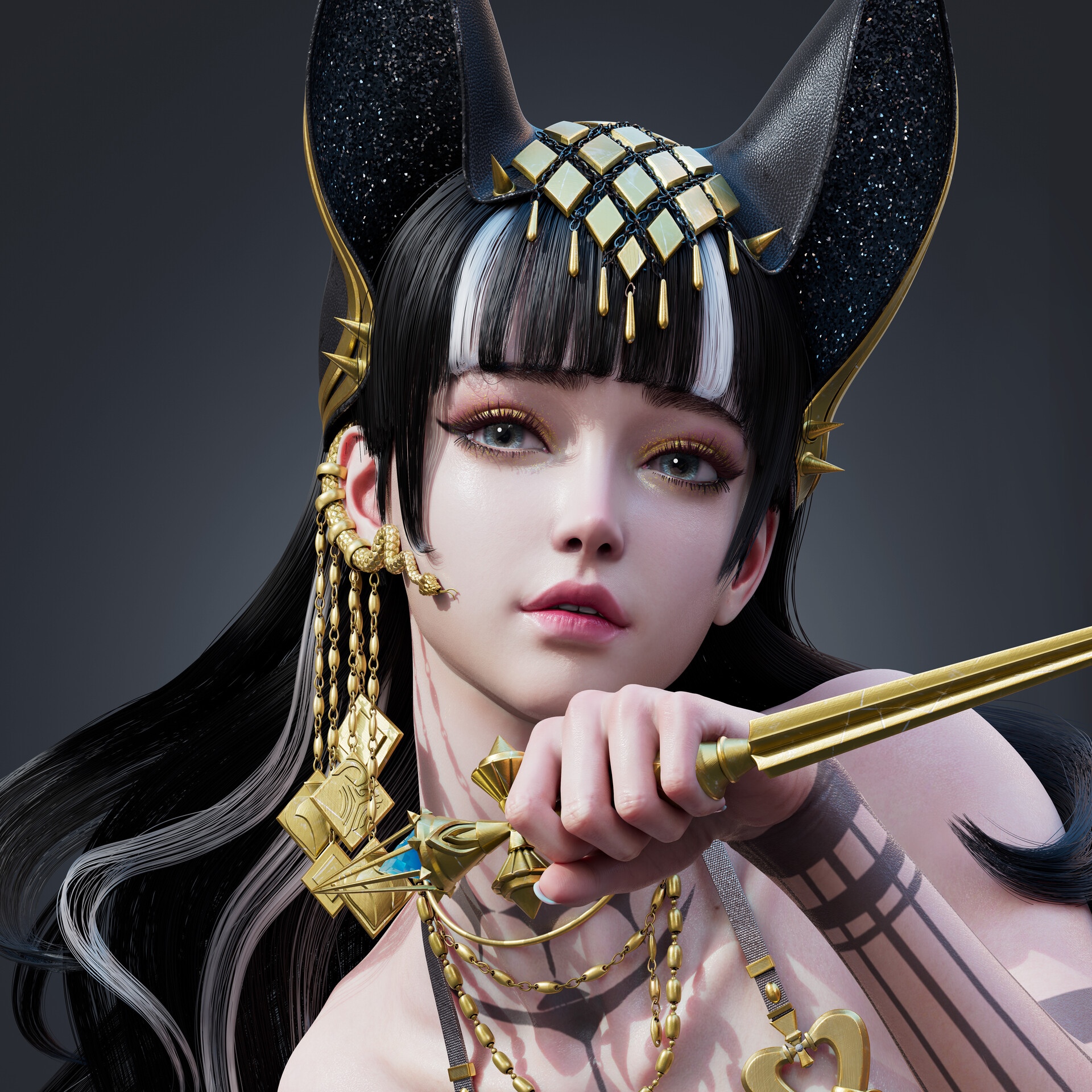 Woman with black hair and gold jewelry holding a dagger HD Wallpaper