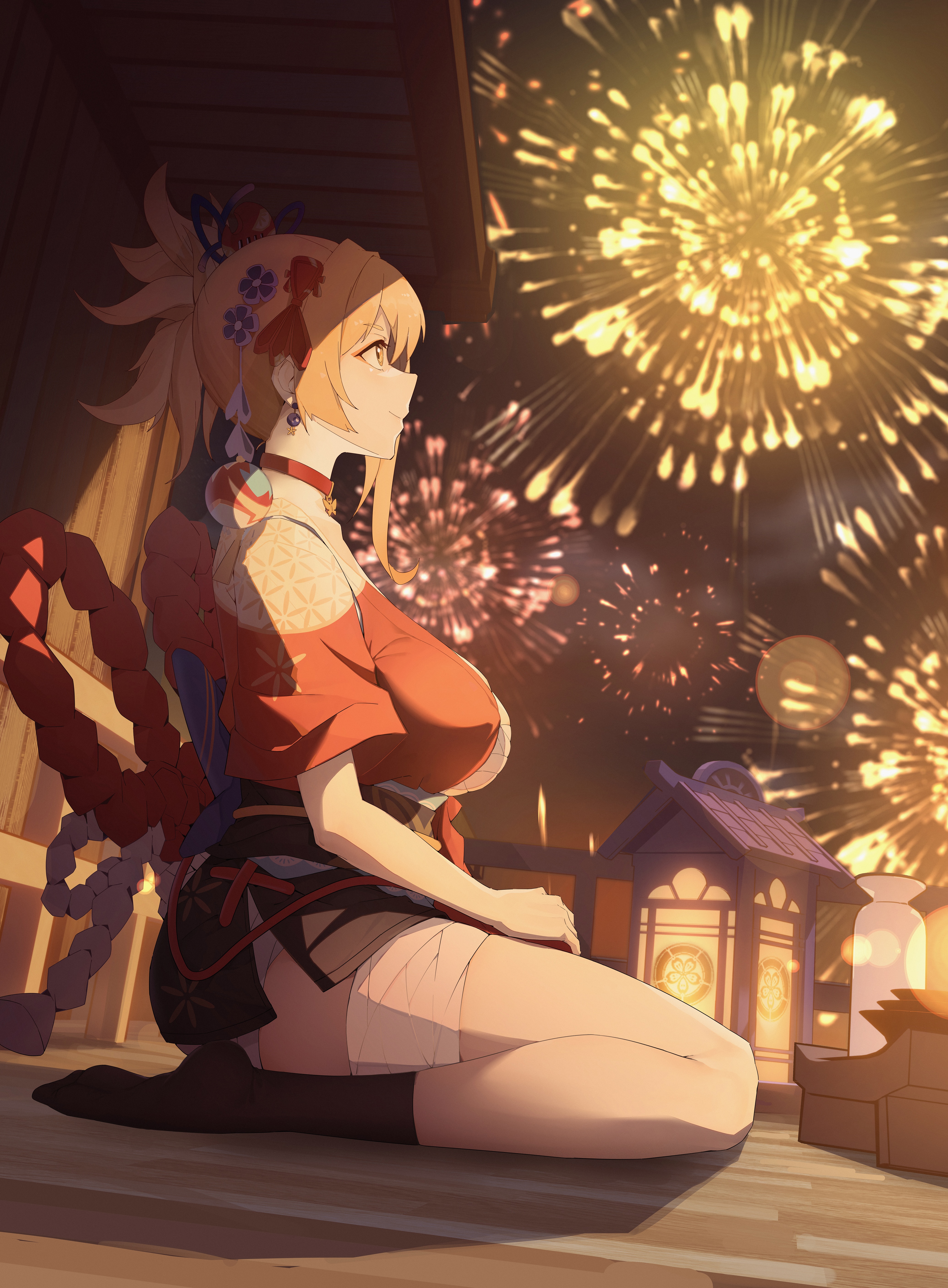 4K Yoimiya watching fireworks HD Phone Wallpaper