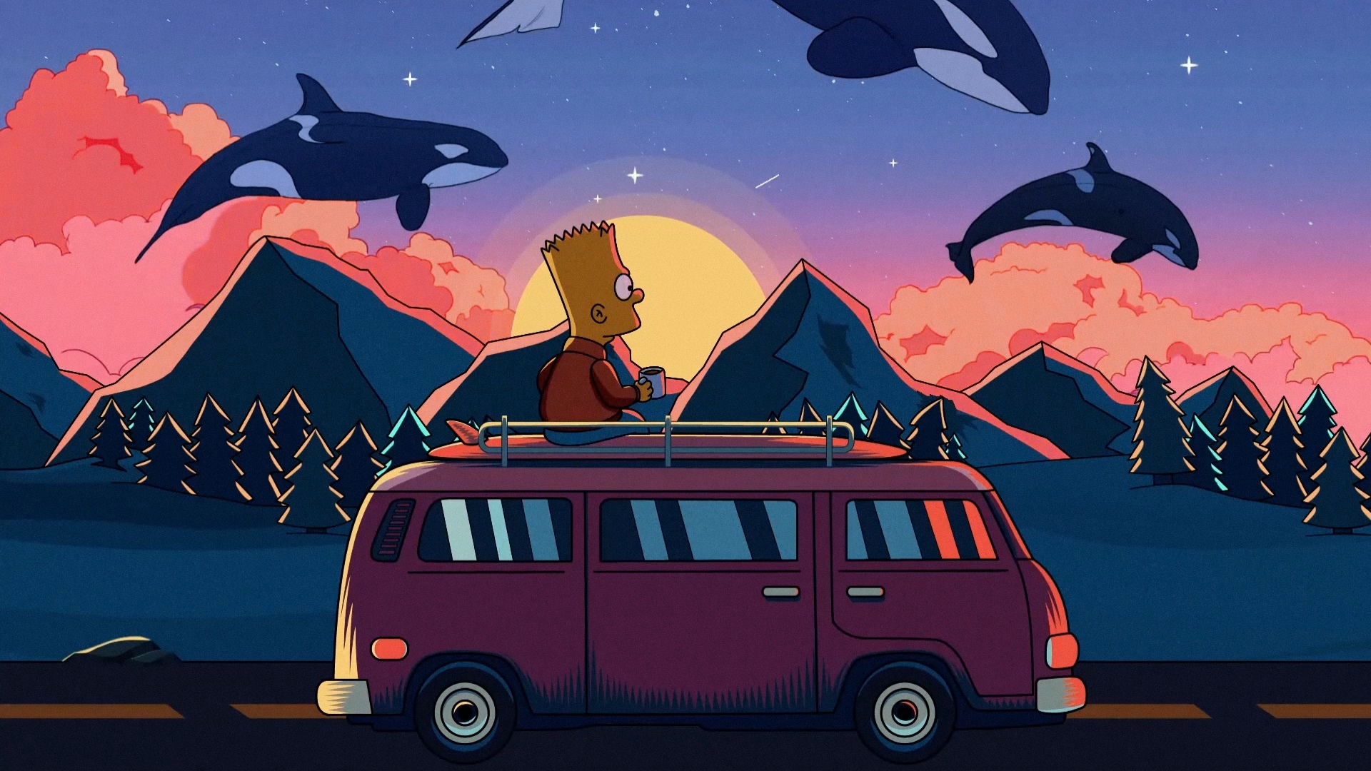 Bart Simpson and Orcas at Sunset HD Wallpaper