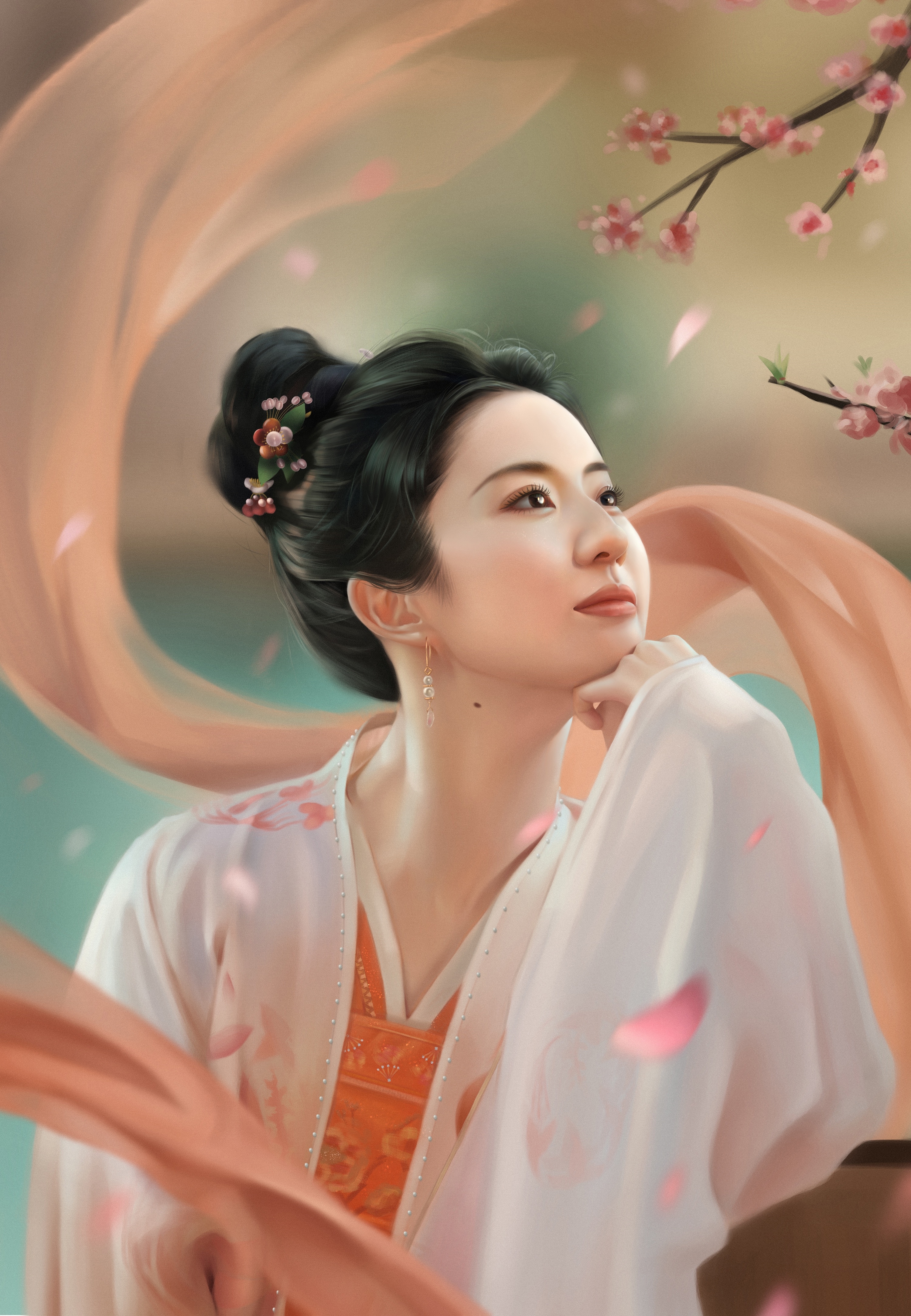 Asian woman with flowers in her hair HD Phone Wallpaper
