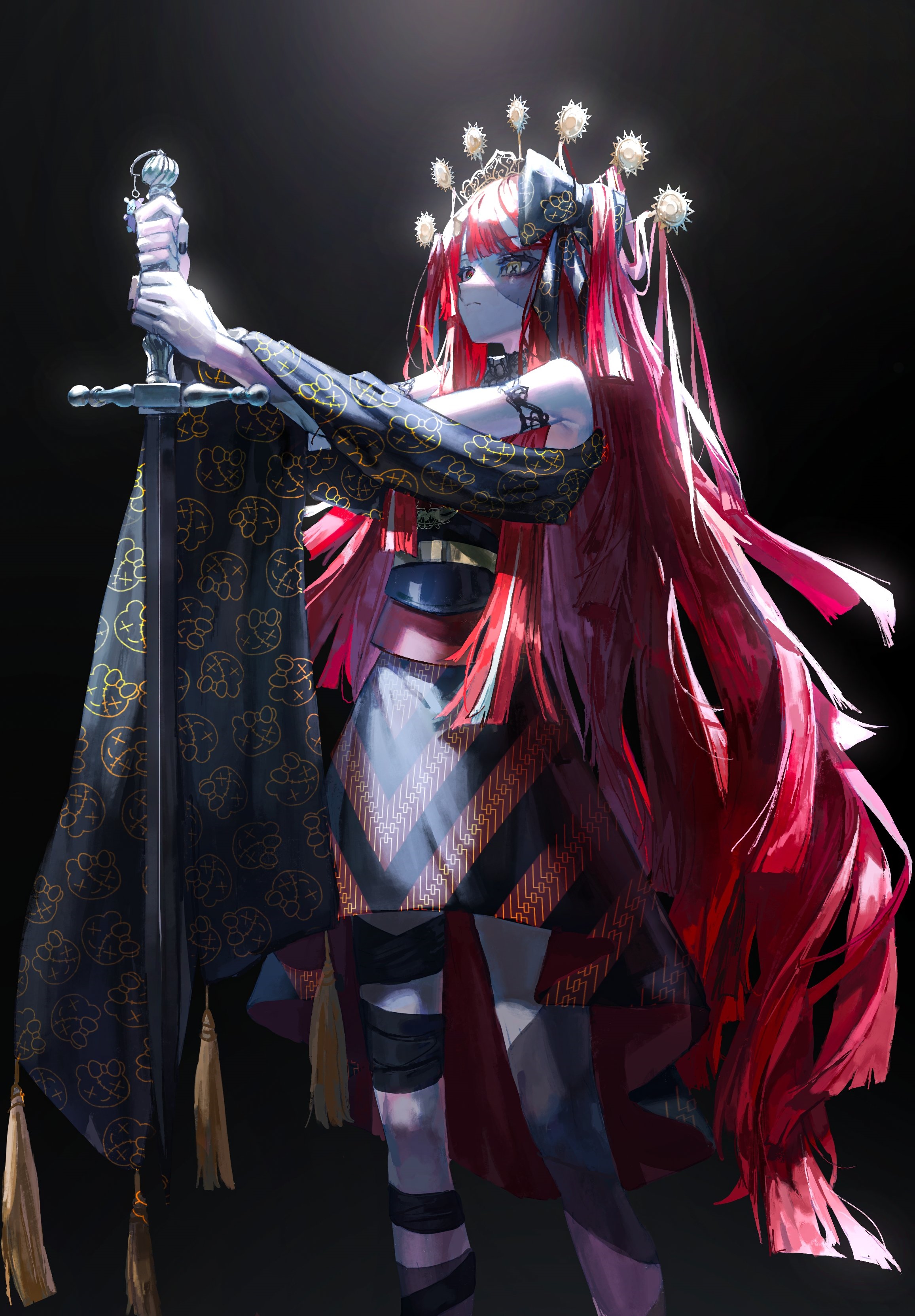 Anime girl with red hair holding a sword HD Phone Wallpaper