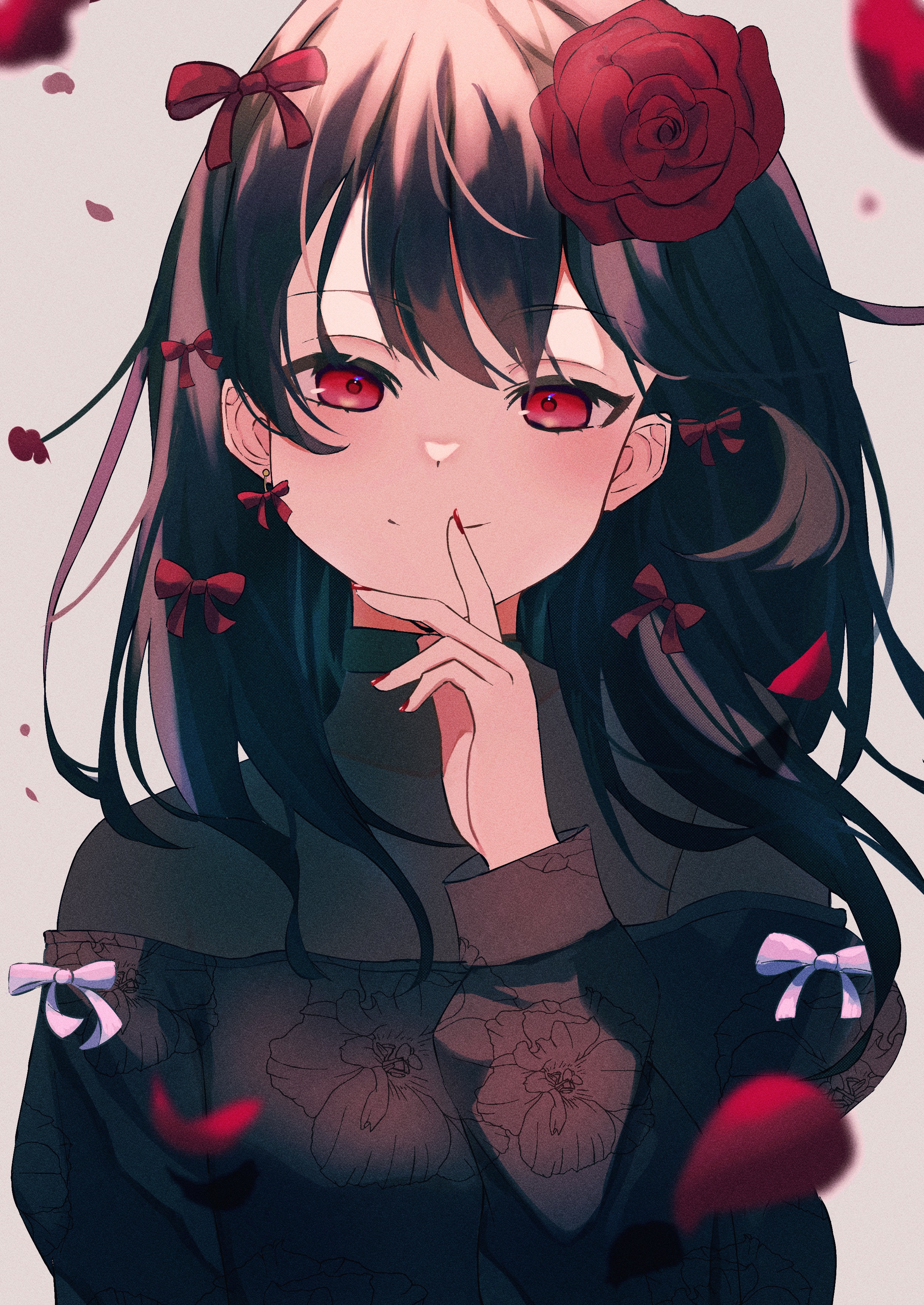 Anime girl with red eyes and rose in hair HD Phone Wallpaper