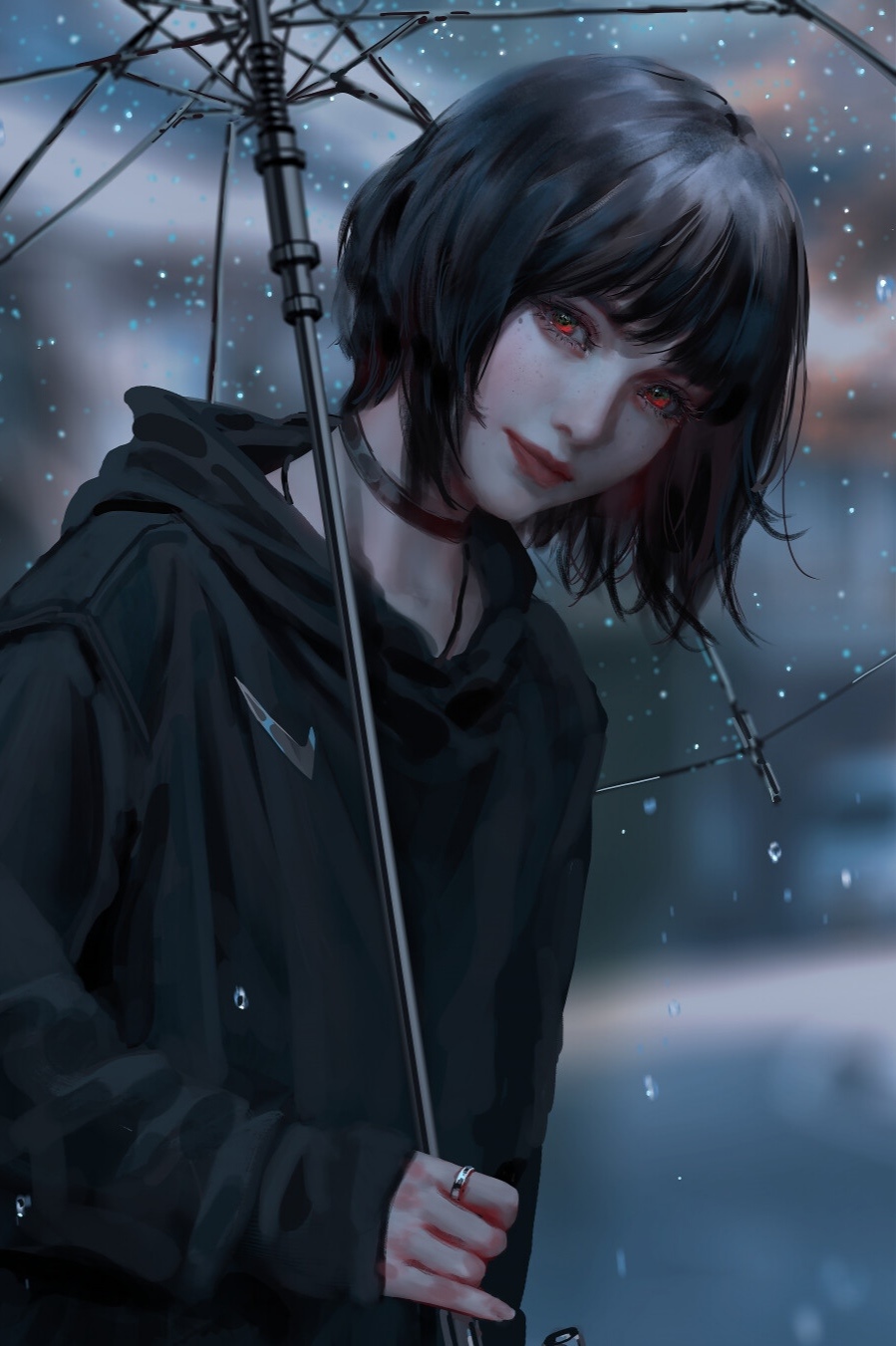 Girl with red eyes holding an umbrella in the rain HD Phone Wallpaper