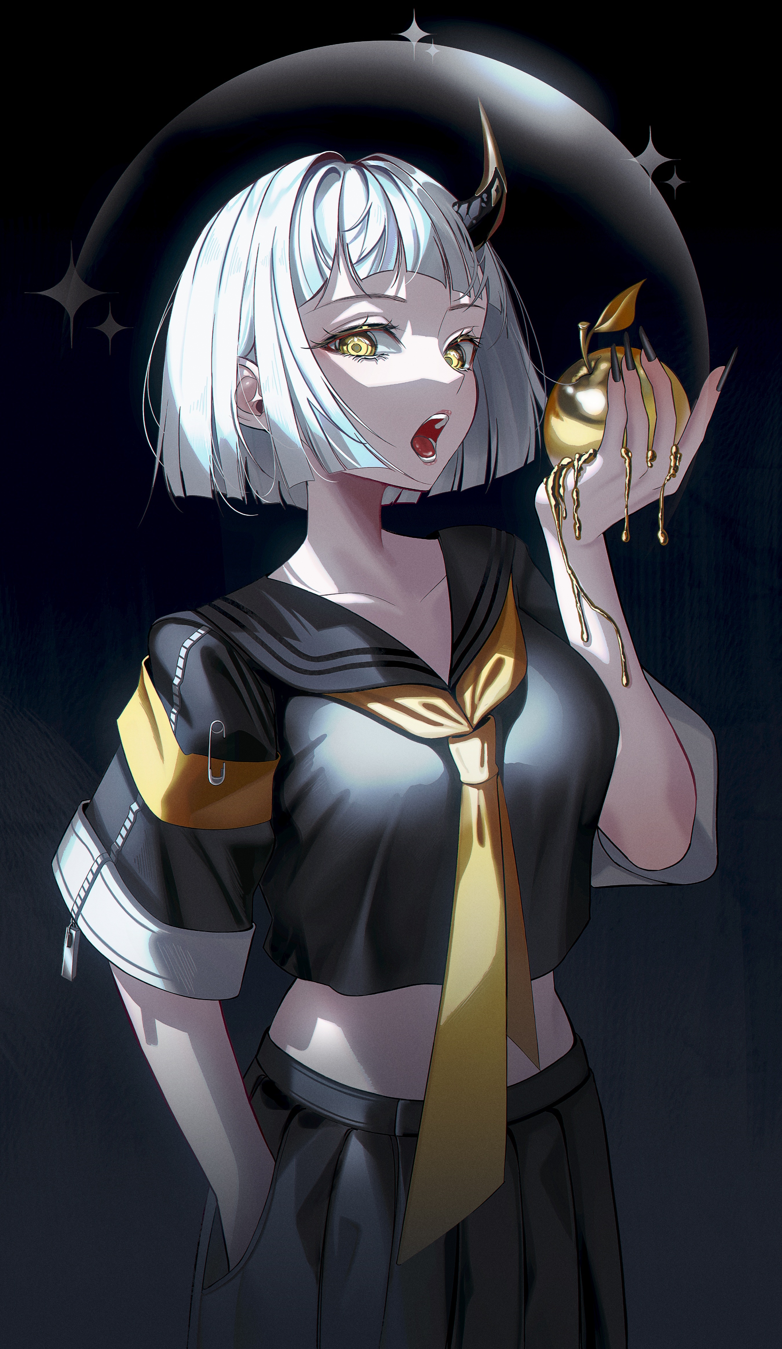 Girl with yellow eyes holding a golden apple HD Phone Wallpaper