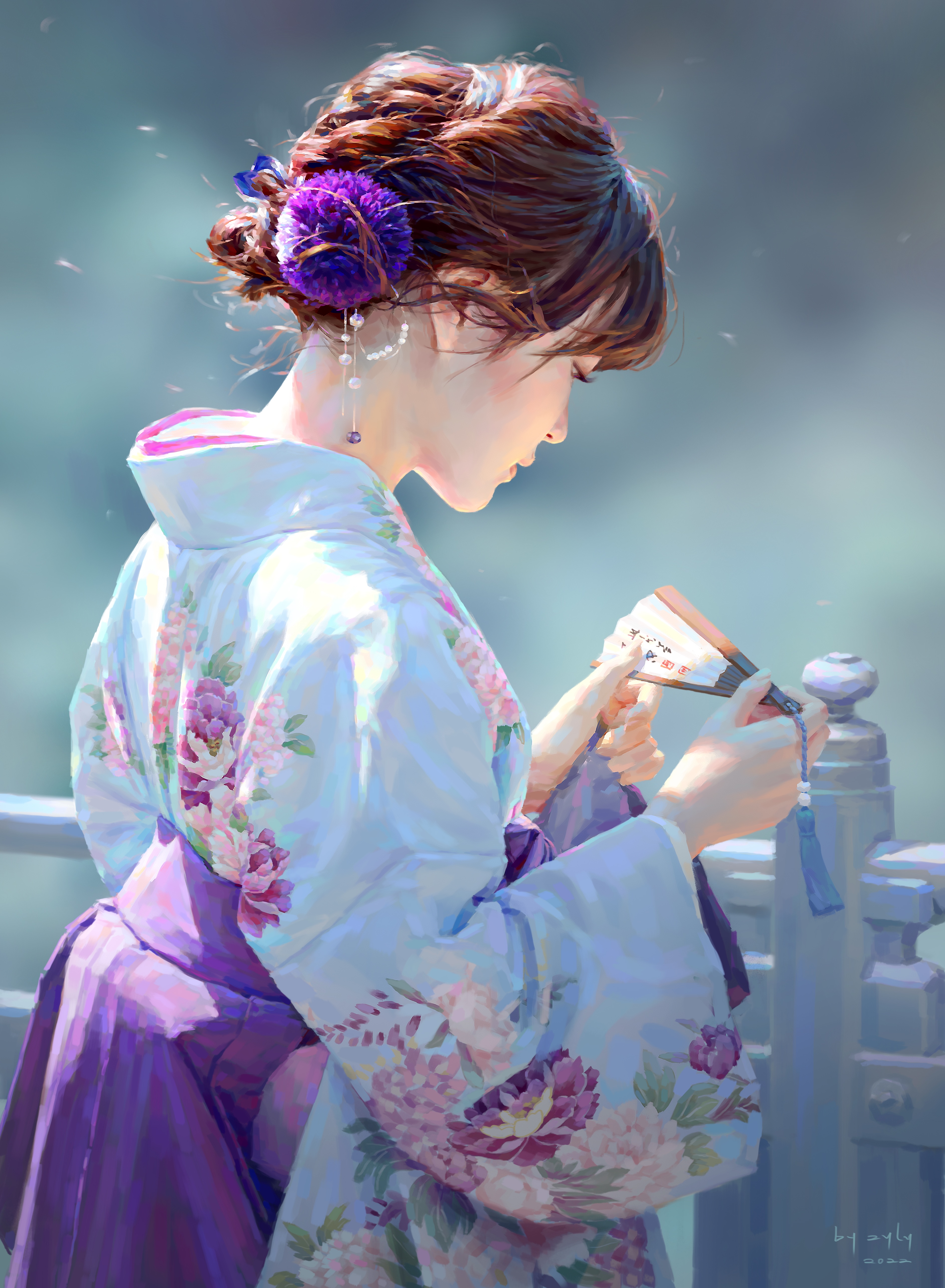 Woman in Kimono Holding a Fan HD Phone Wallpaper