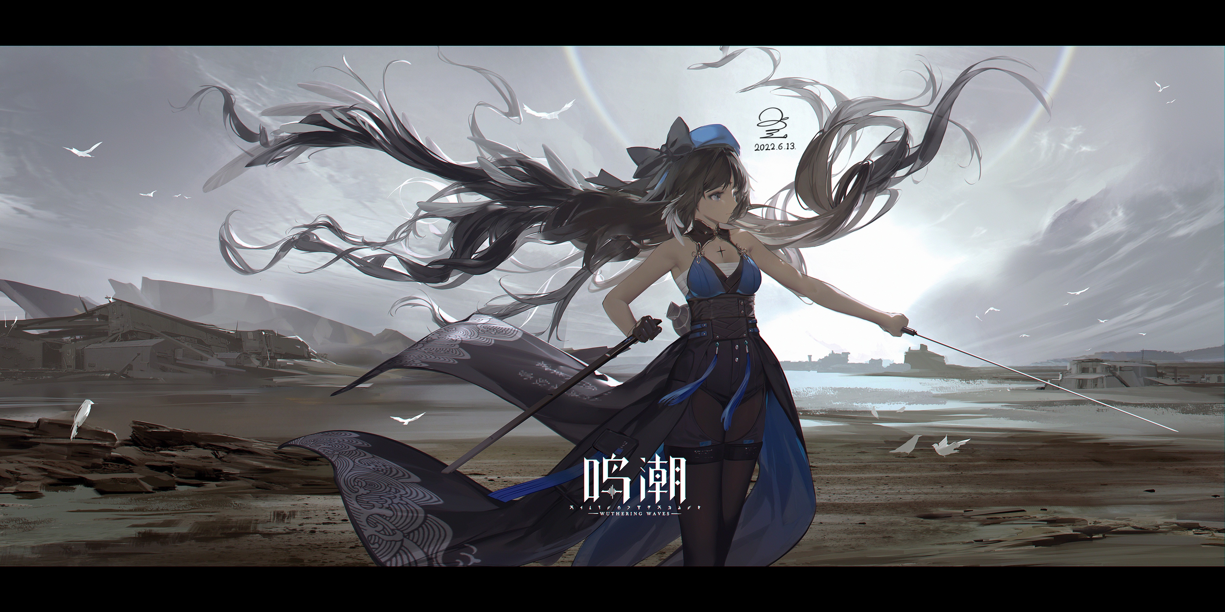 4K anime girl with sword and flowing hair HD Wallpaper