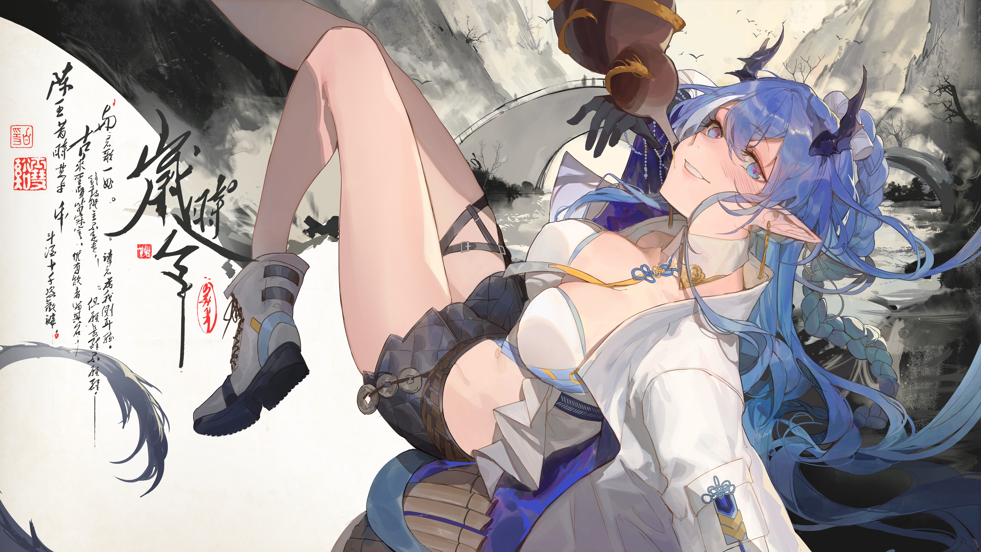 Arknights Ling with blue hair and horns HD Wallpaper